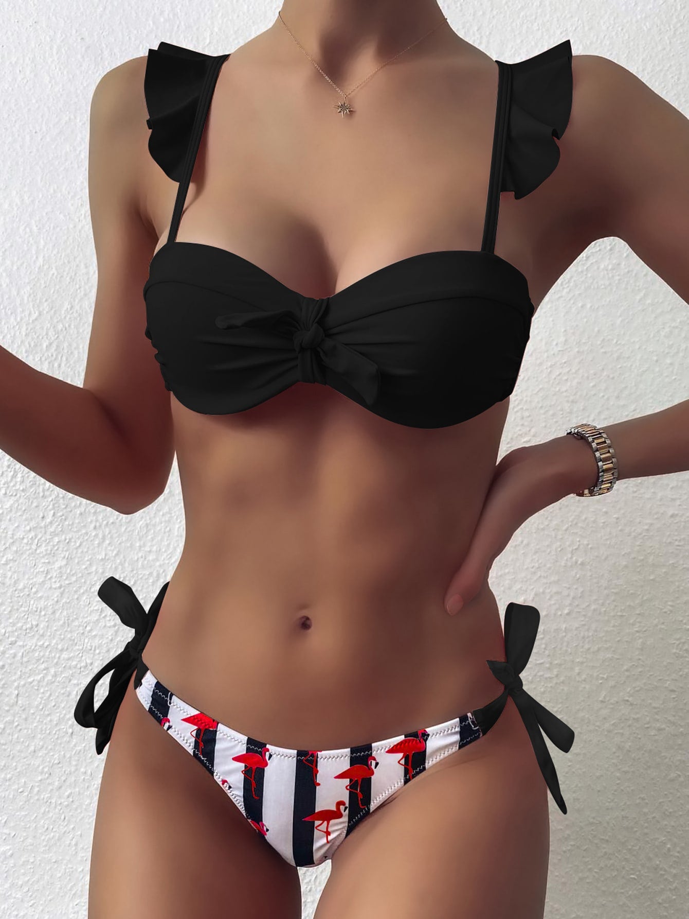 Striped Bikini With Ruffles And Adjustable Sides