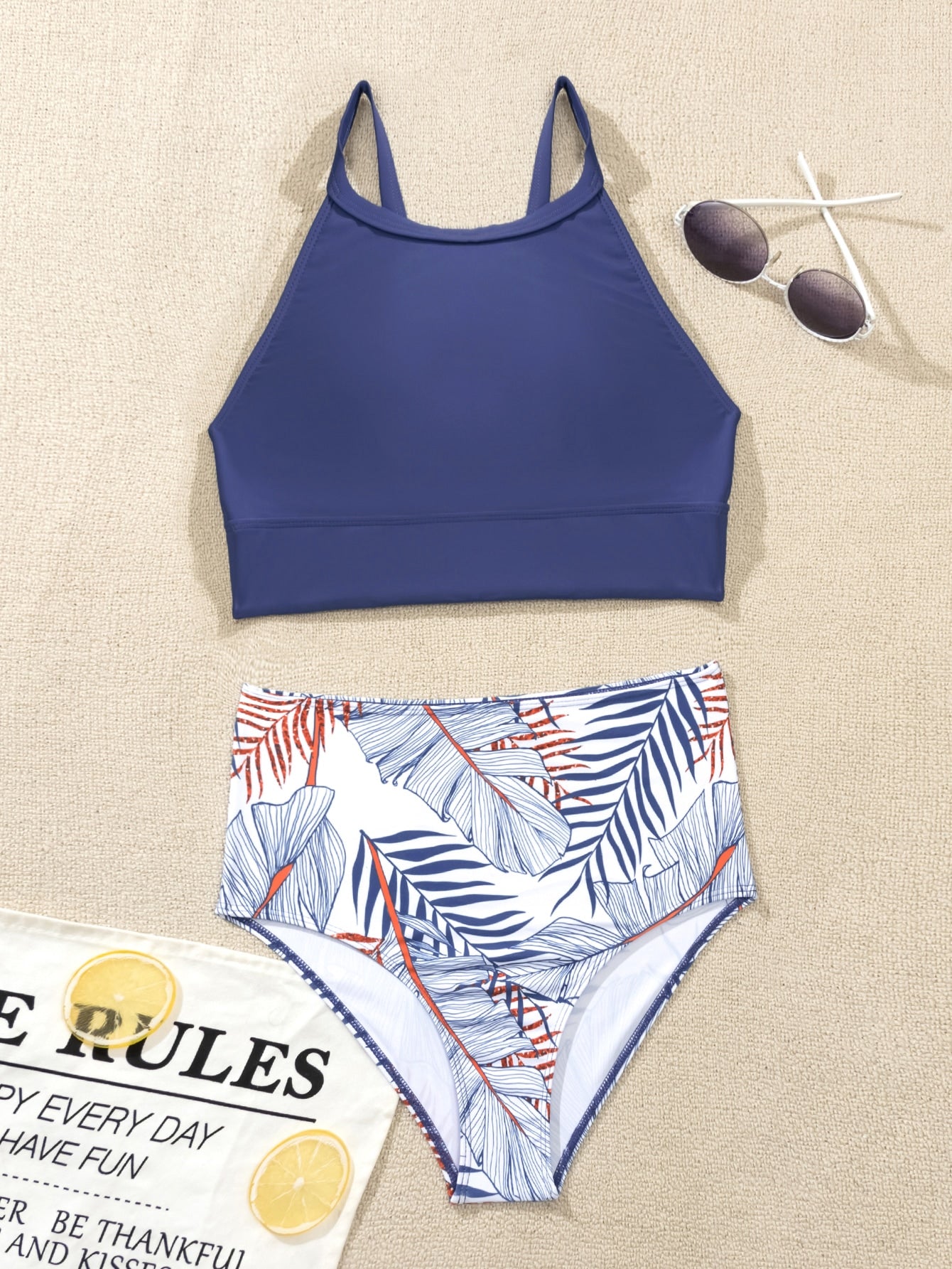 High-Waisted Printed Bikini With Solid Cropped Top