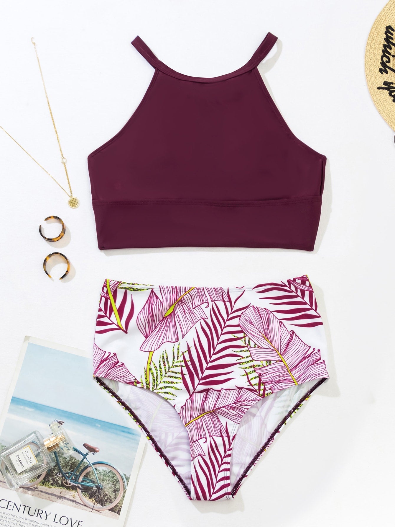 High-Waisted Printed Bikini With Solid Cropped Top