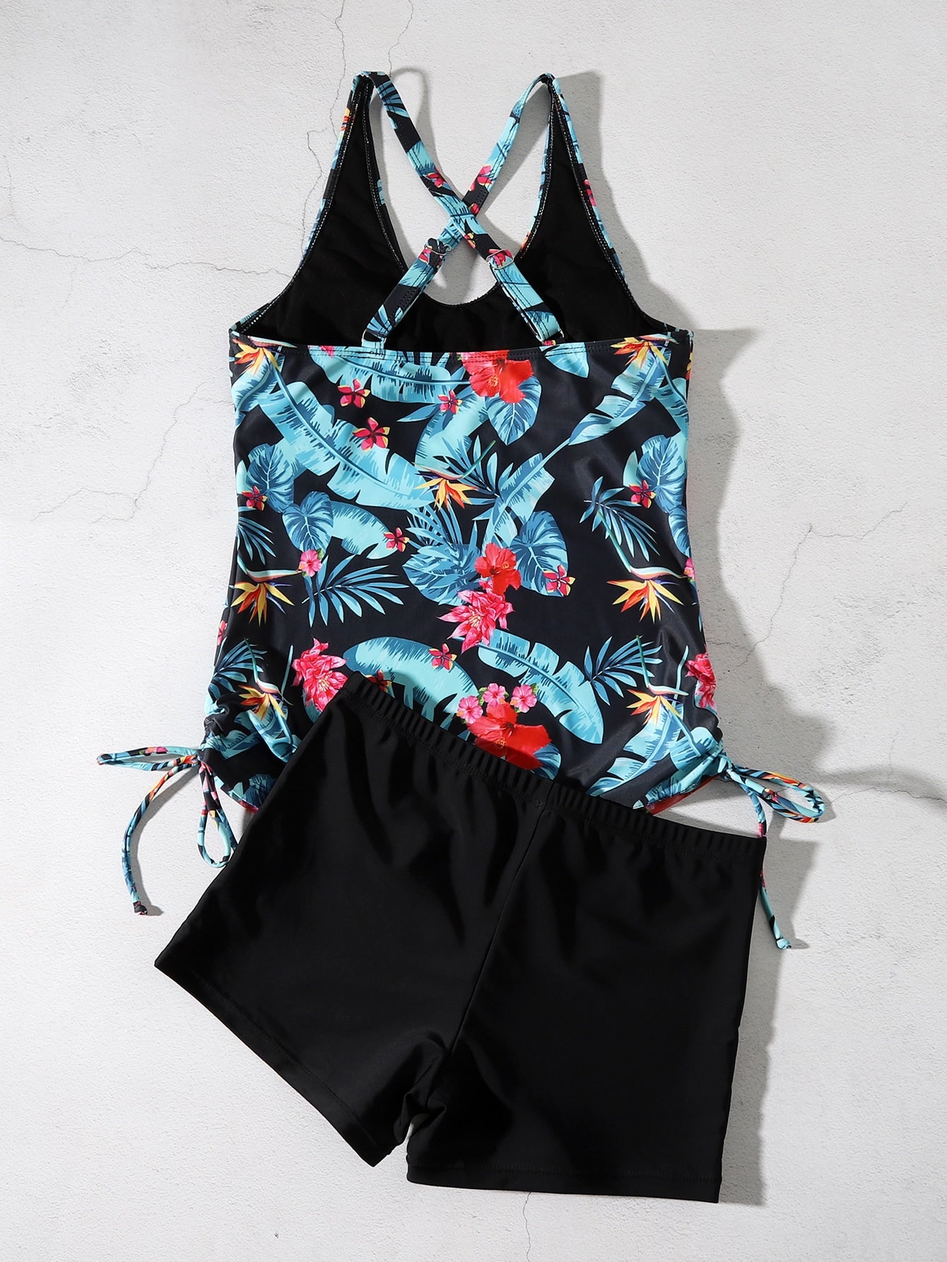 Floral Tankini With Integrated Shorts And Side Tie