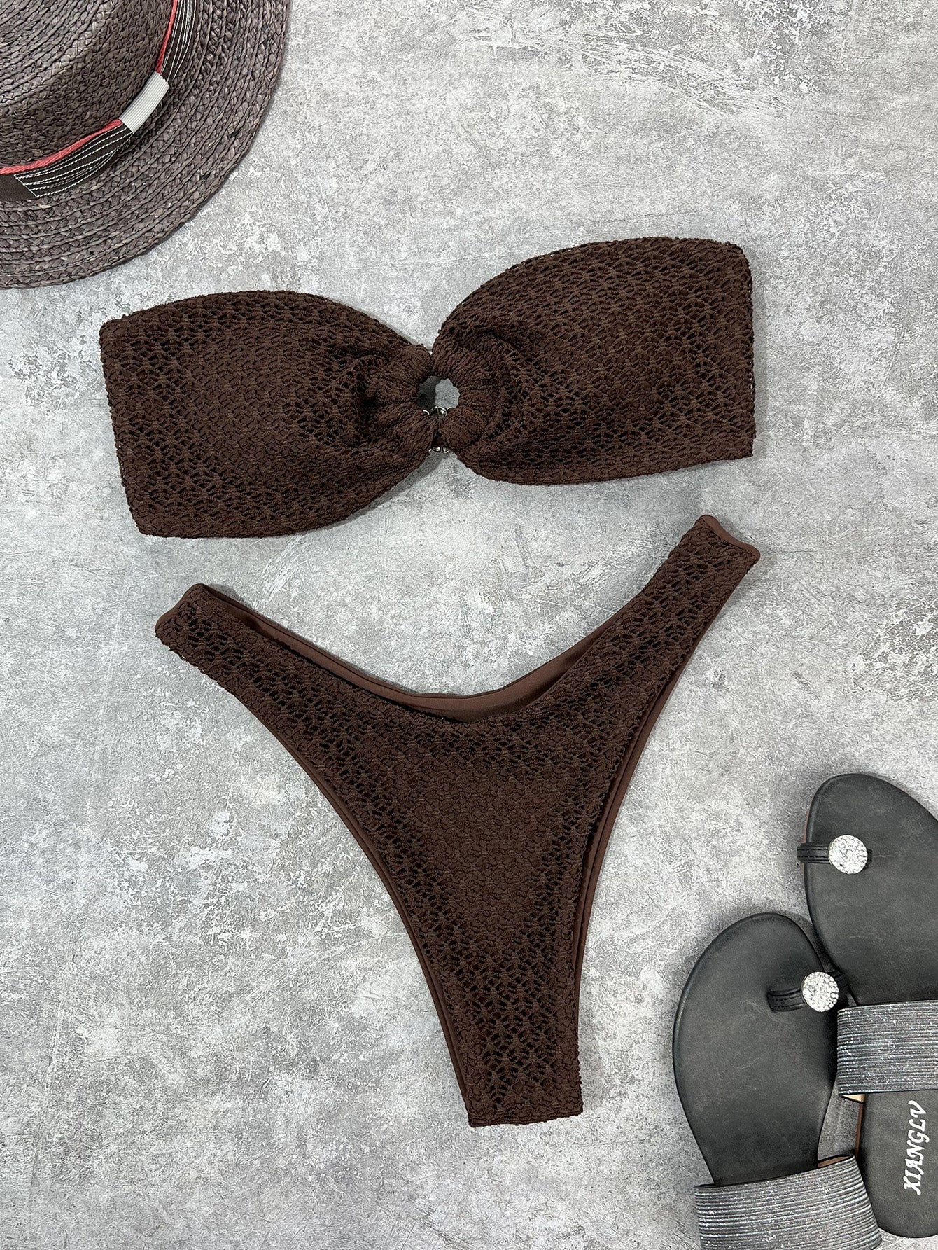 Textured Strapless Bikini With Central Ring