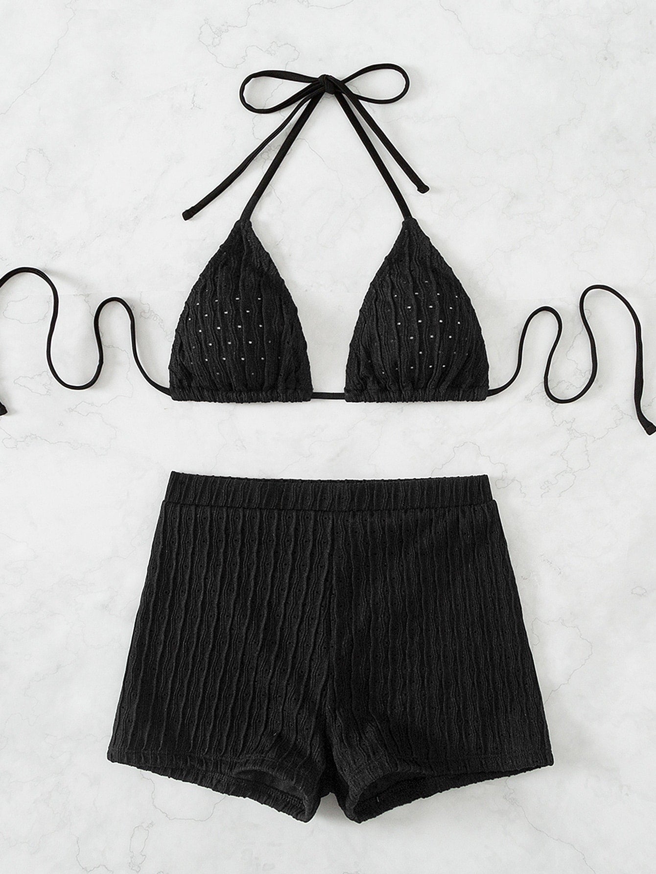 Textured Bikini With Shorts And Triangle Top