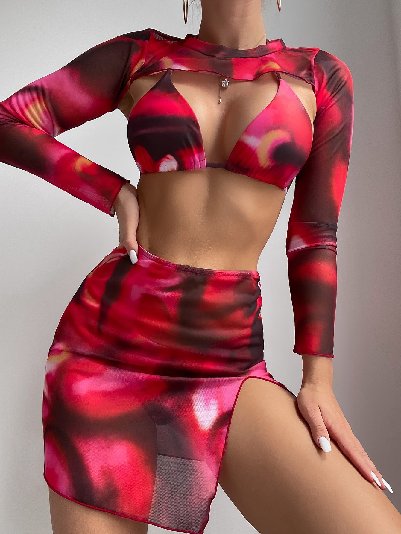 Bikini Cropped Top And Printed Skirt With Slit Set