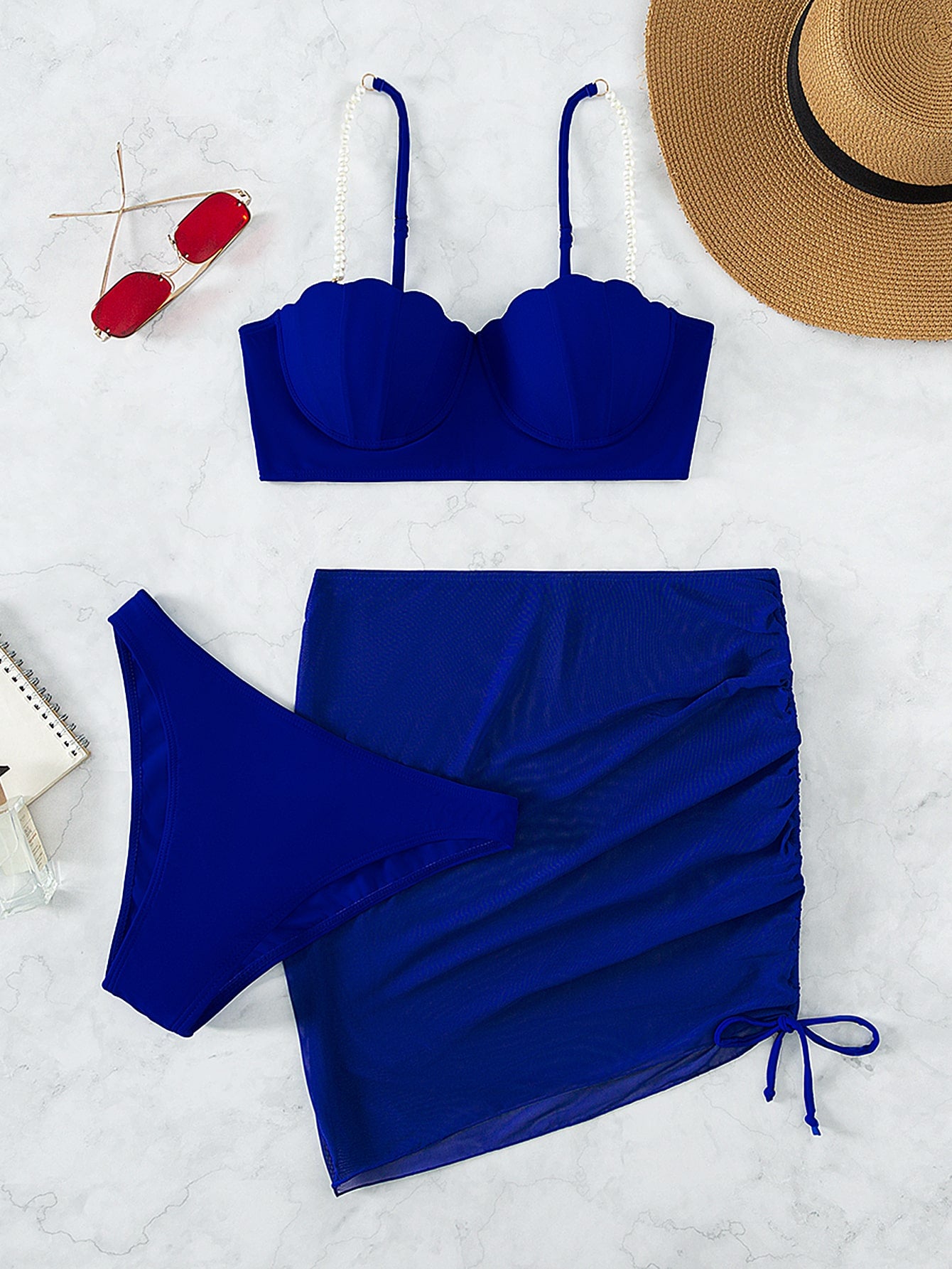 Structured Bikini And Solid Draped Skirt Set