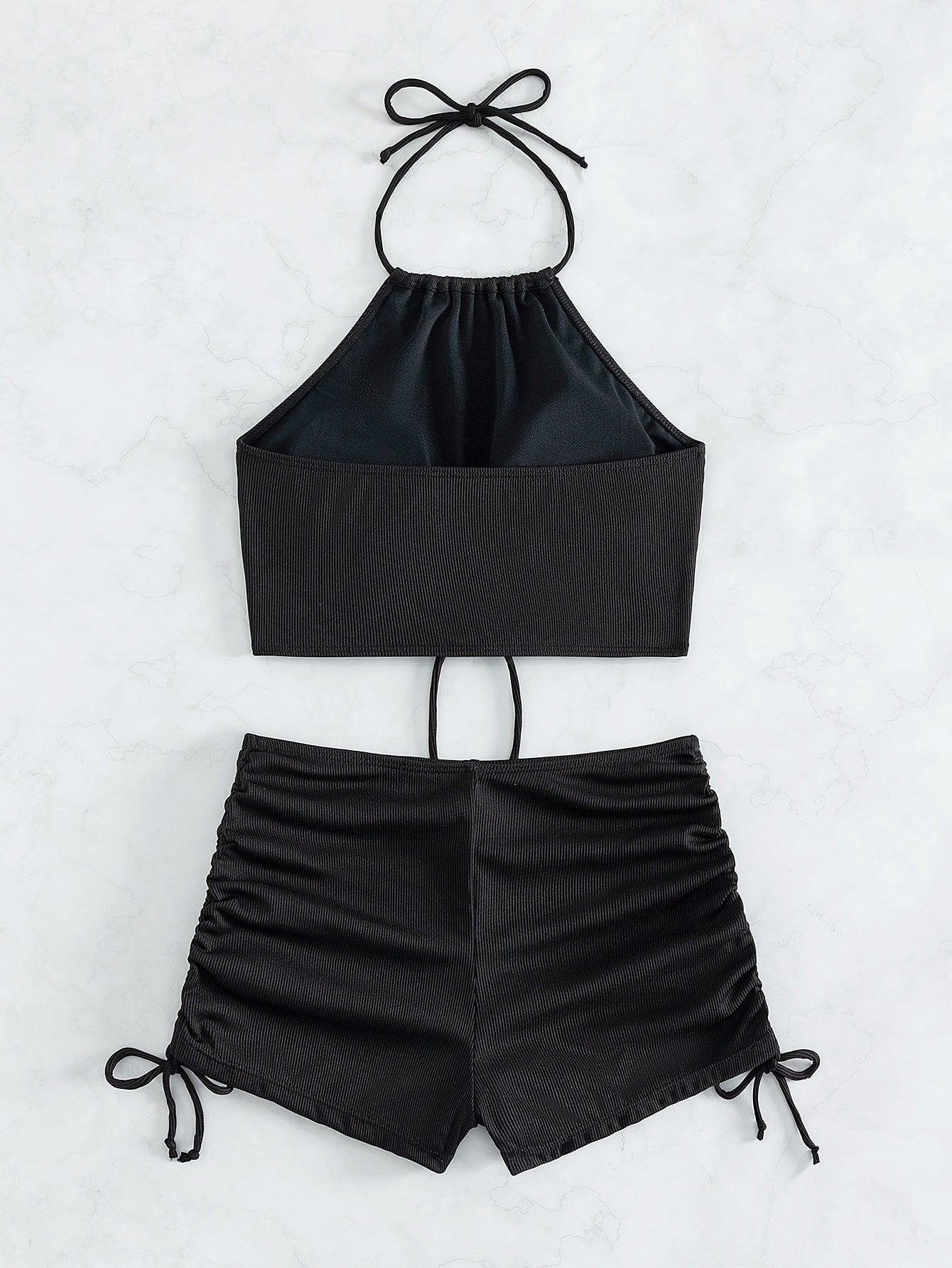 Textured Shorts Bikini With Halter Top And Tie