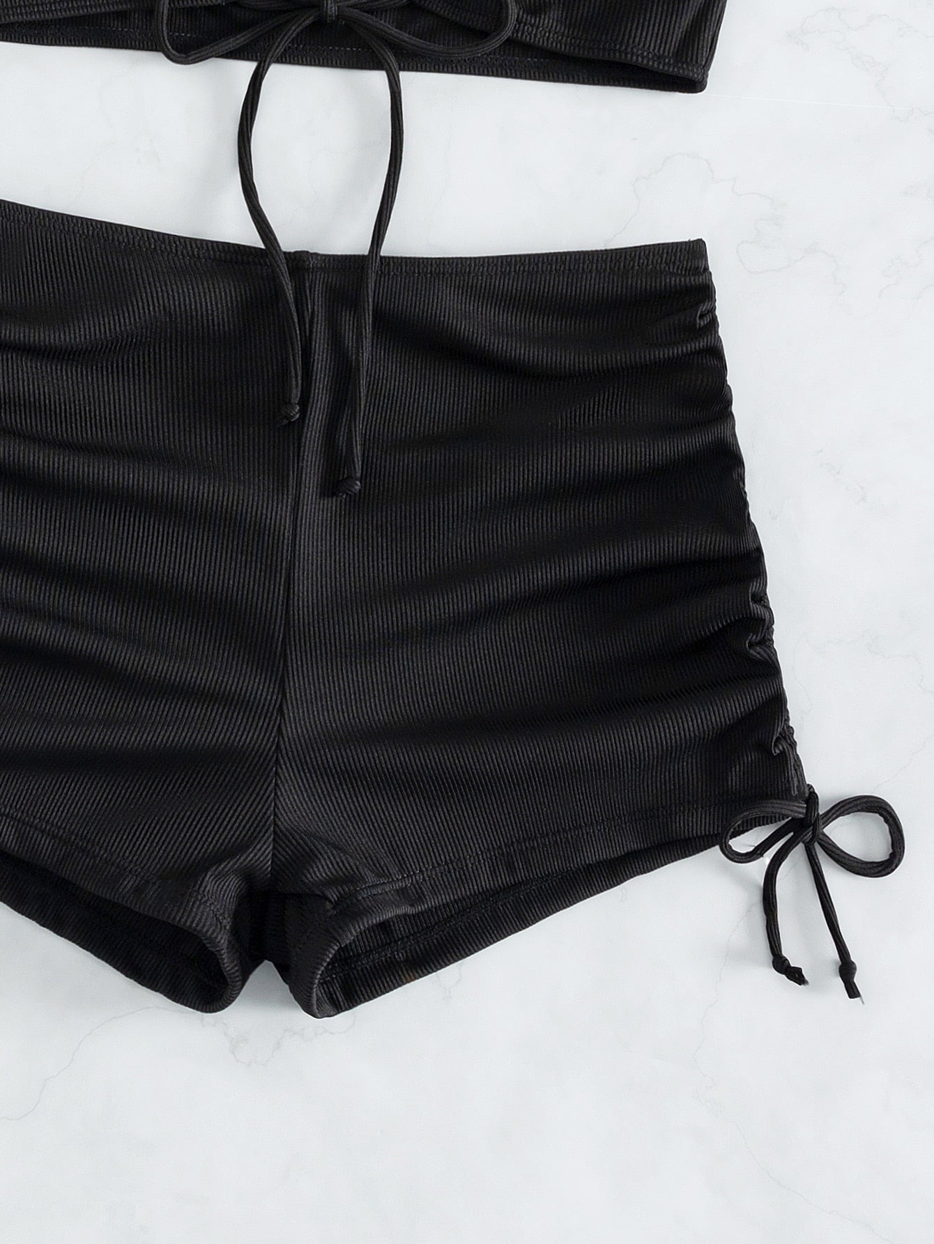 Textured Shorts Bikini With Halter Top And Tie
