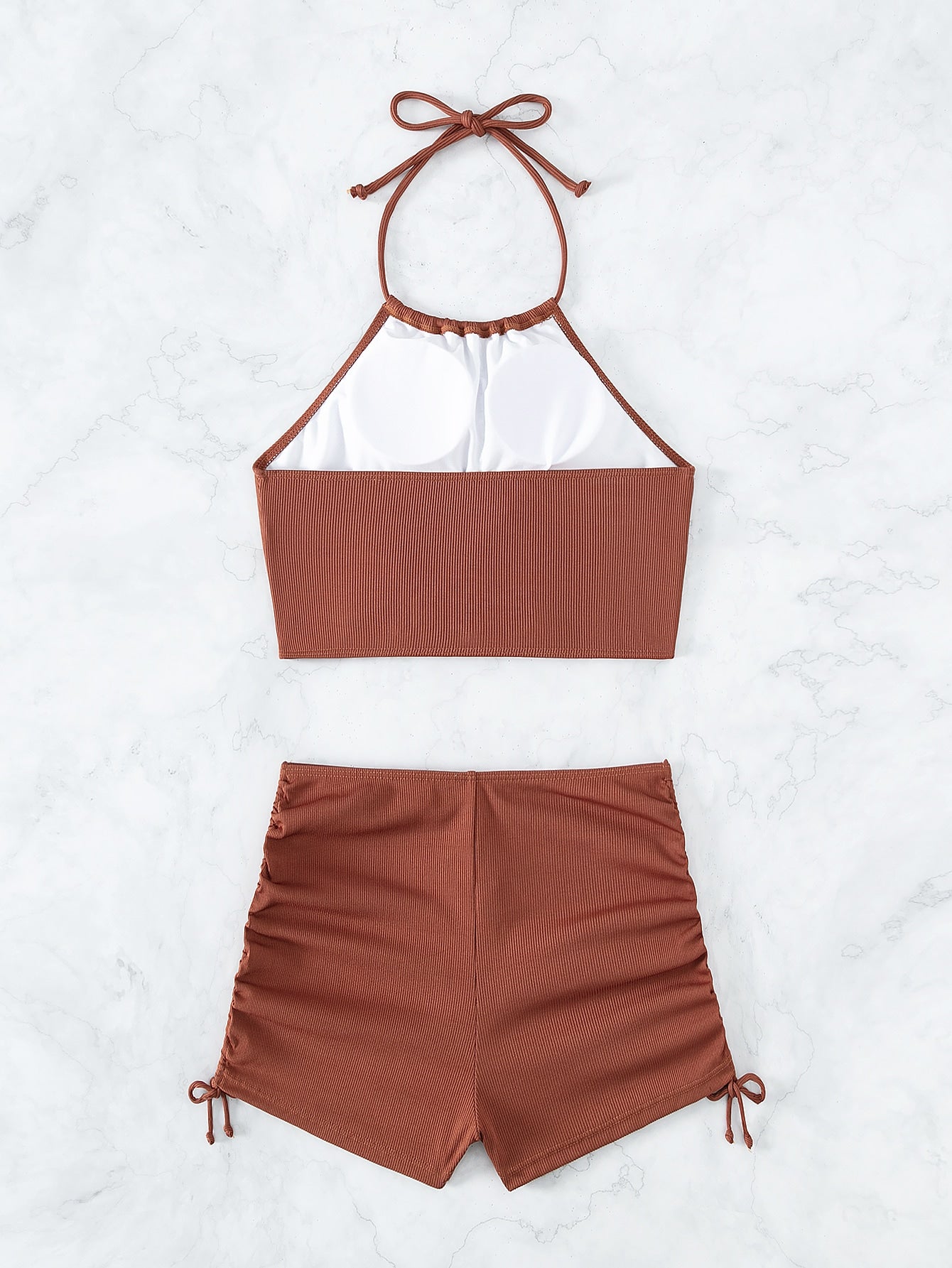 Textured Shorts Bikini With Halter Top And Tie