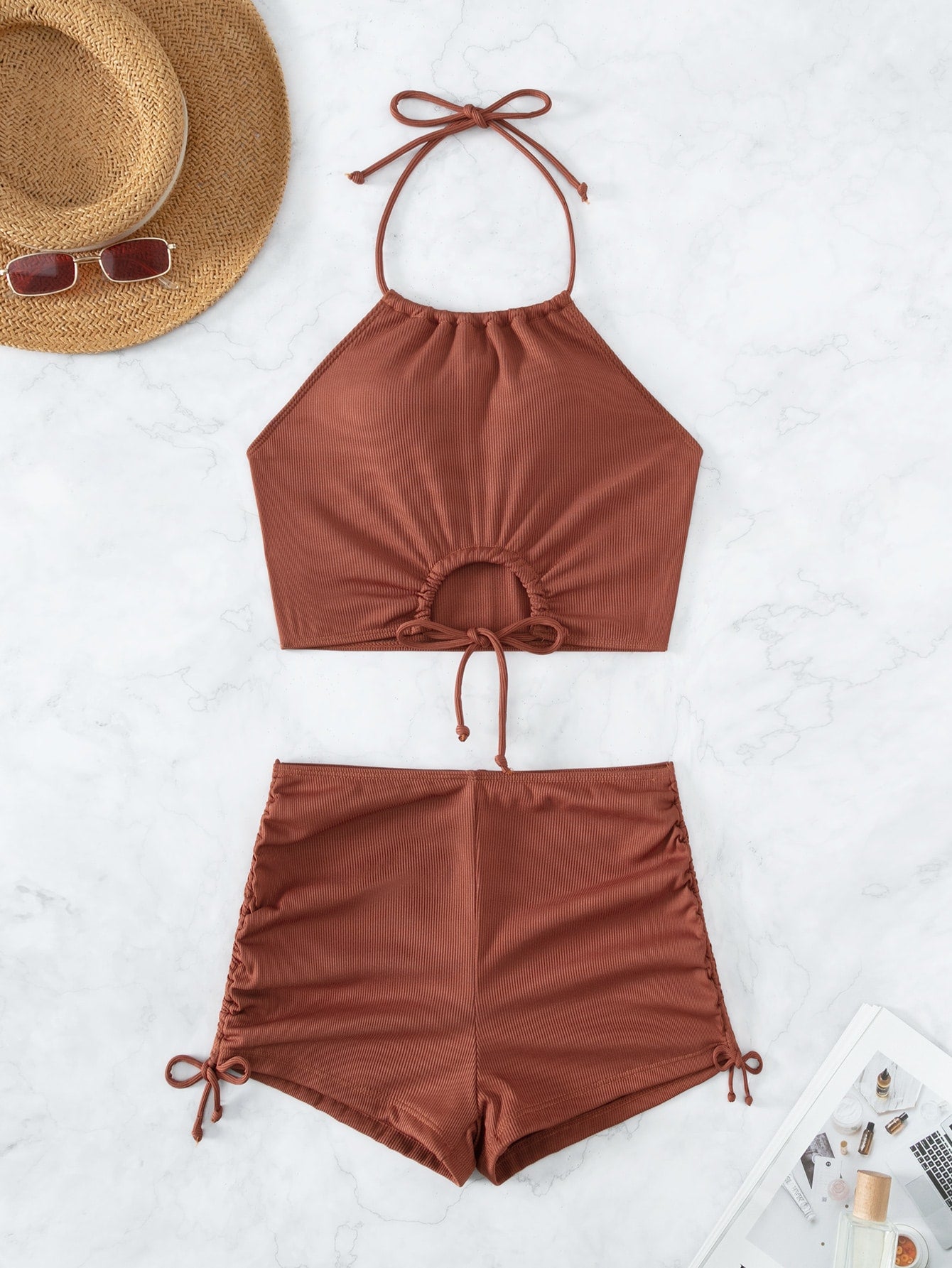 Textured Shorts Bikini With Halter Top And Tie