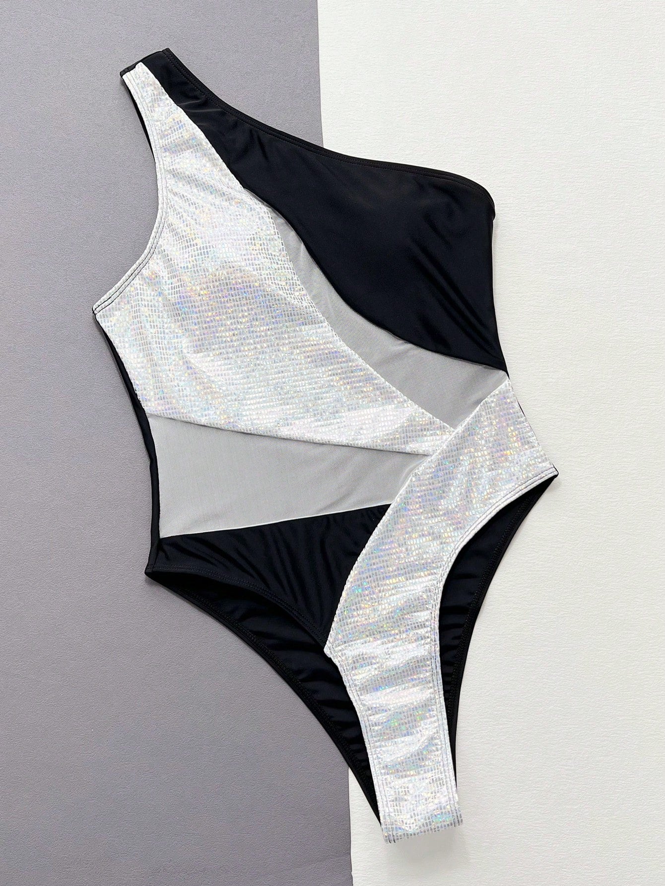 Asymmetrical Swimsuit With Tulle And Shiny Details
