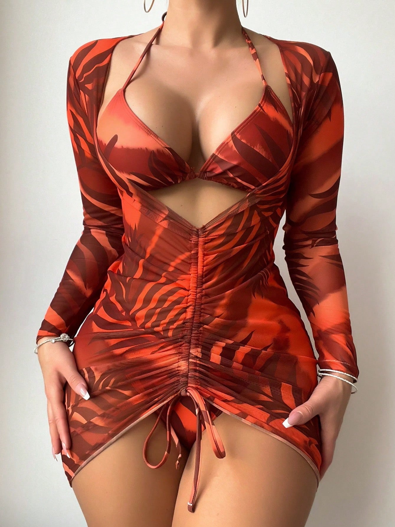 Bikini And Printed Long-Sleeve Cover-Up Set