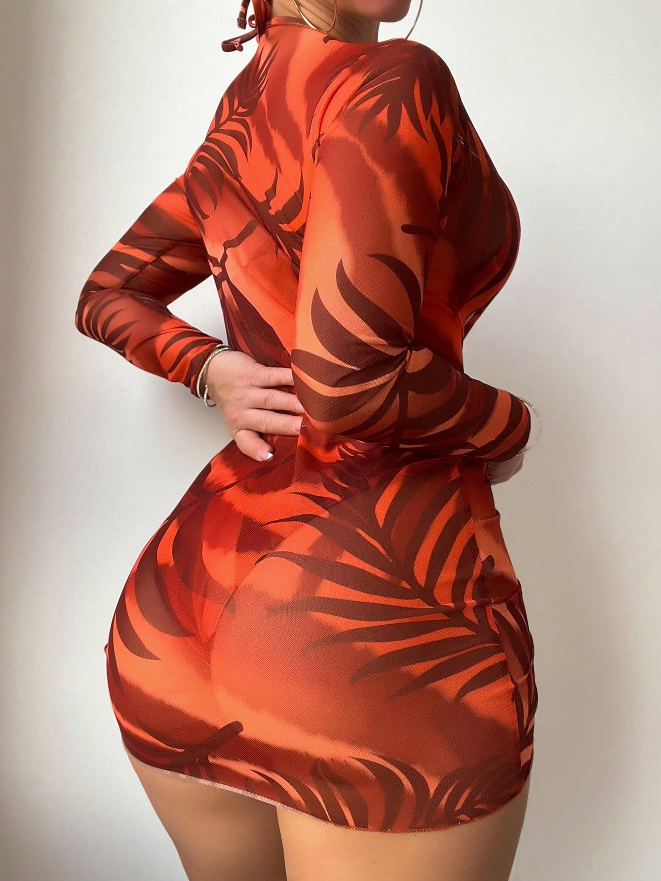 Bikini And Printed Long-Sleeve Cover-Up Set