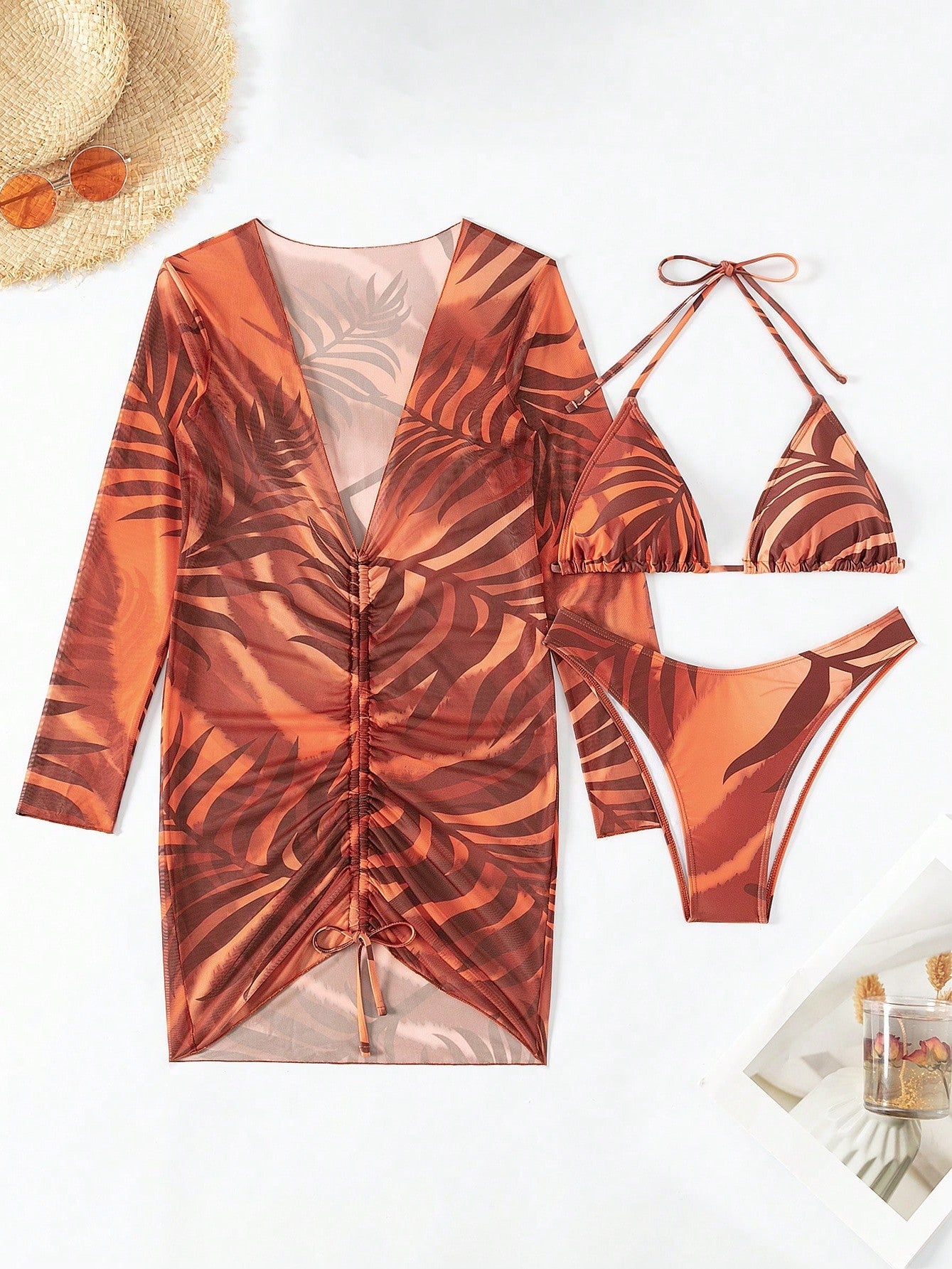 Bikini And Printed Long-Sleeve Cover-Up Set