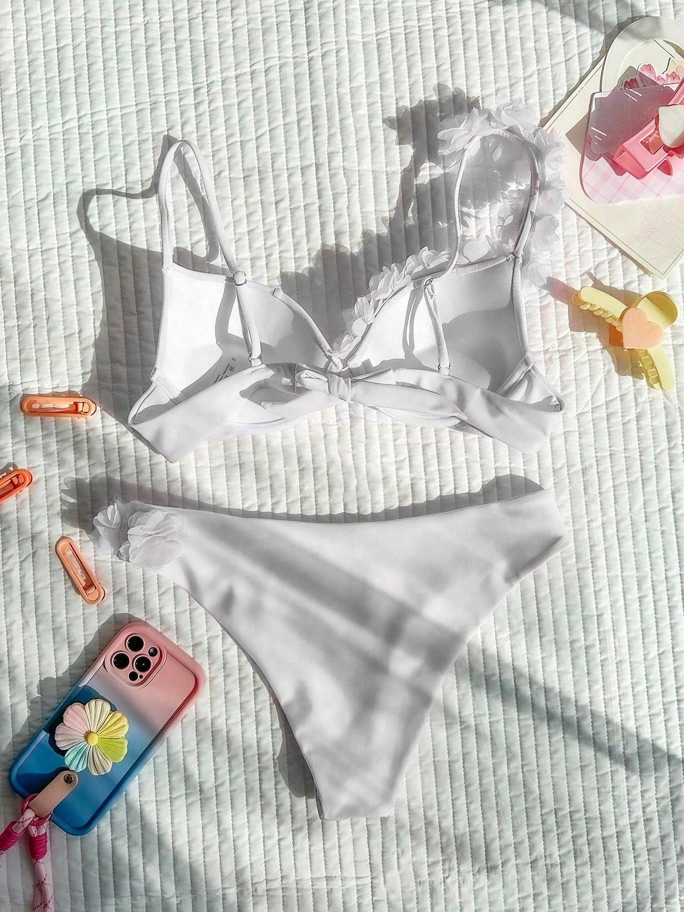 Bikini With Flower Appliqué And Asymmetric Strap