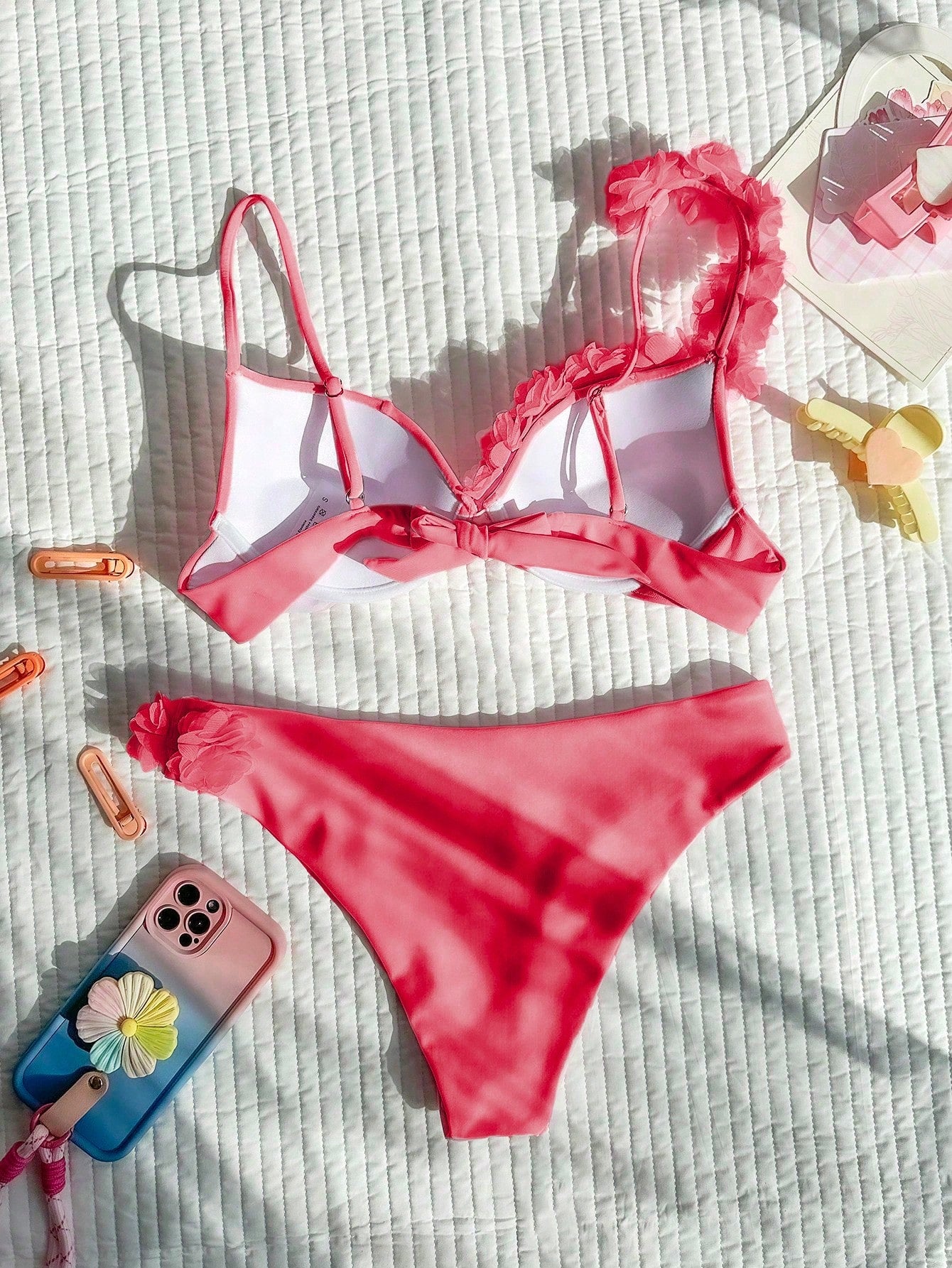 Bikini With Flower Appliqué And Asymmetric Strap