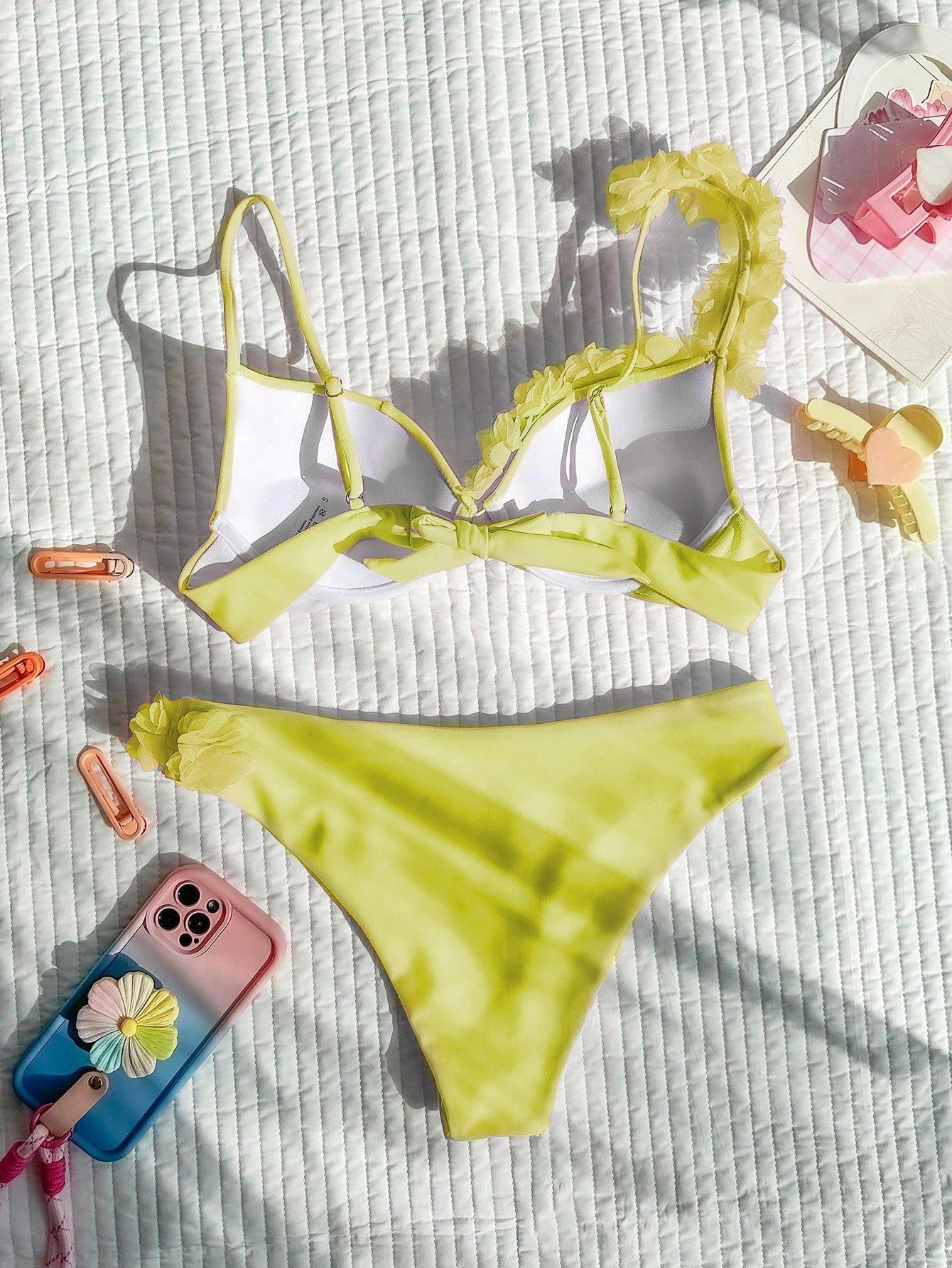 Bikini With Flower Appliqué And Asymmetric Strap