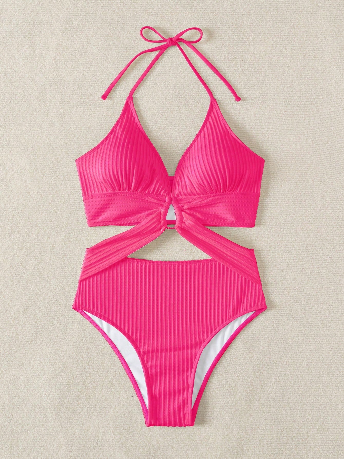 Textured Swimsuit With Side Cutouts And Front Ring