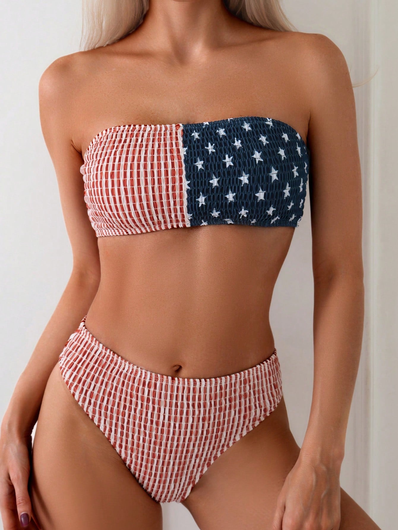 High-Waisted Textured Printed Strapless Bikini