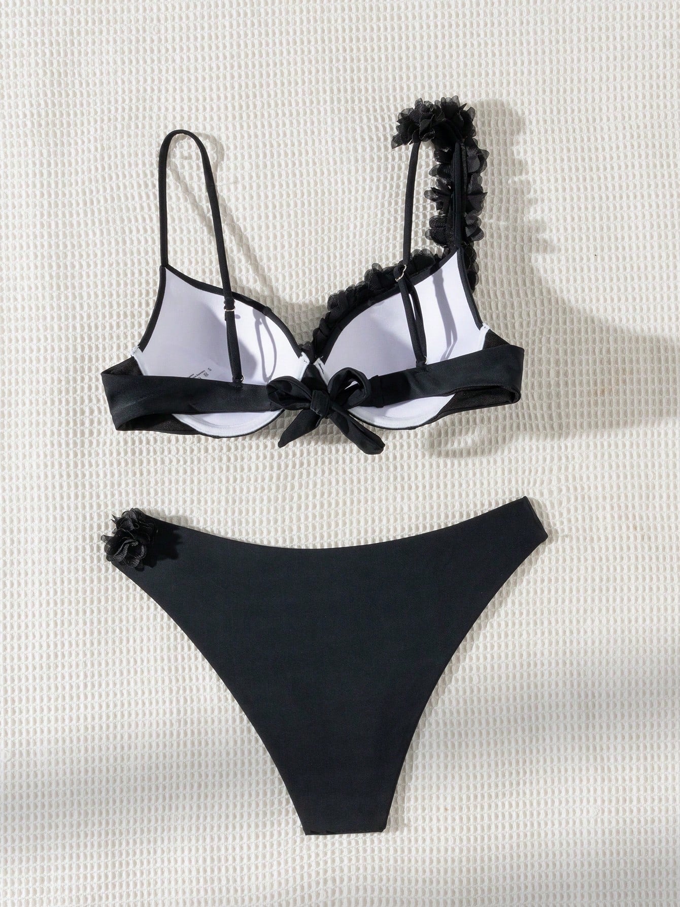 Bikini With Flower Appliqué And Asymmetric Strap