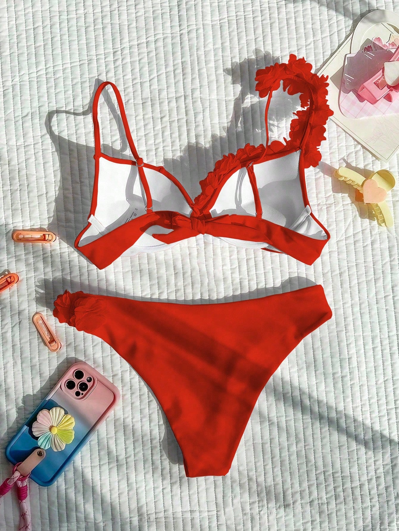 Bikini With Flower Appliqué And Asymmetric Strap