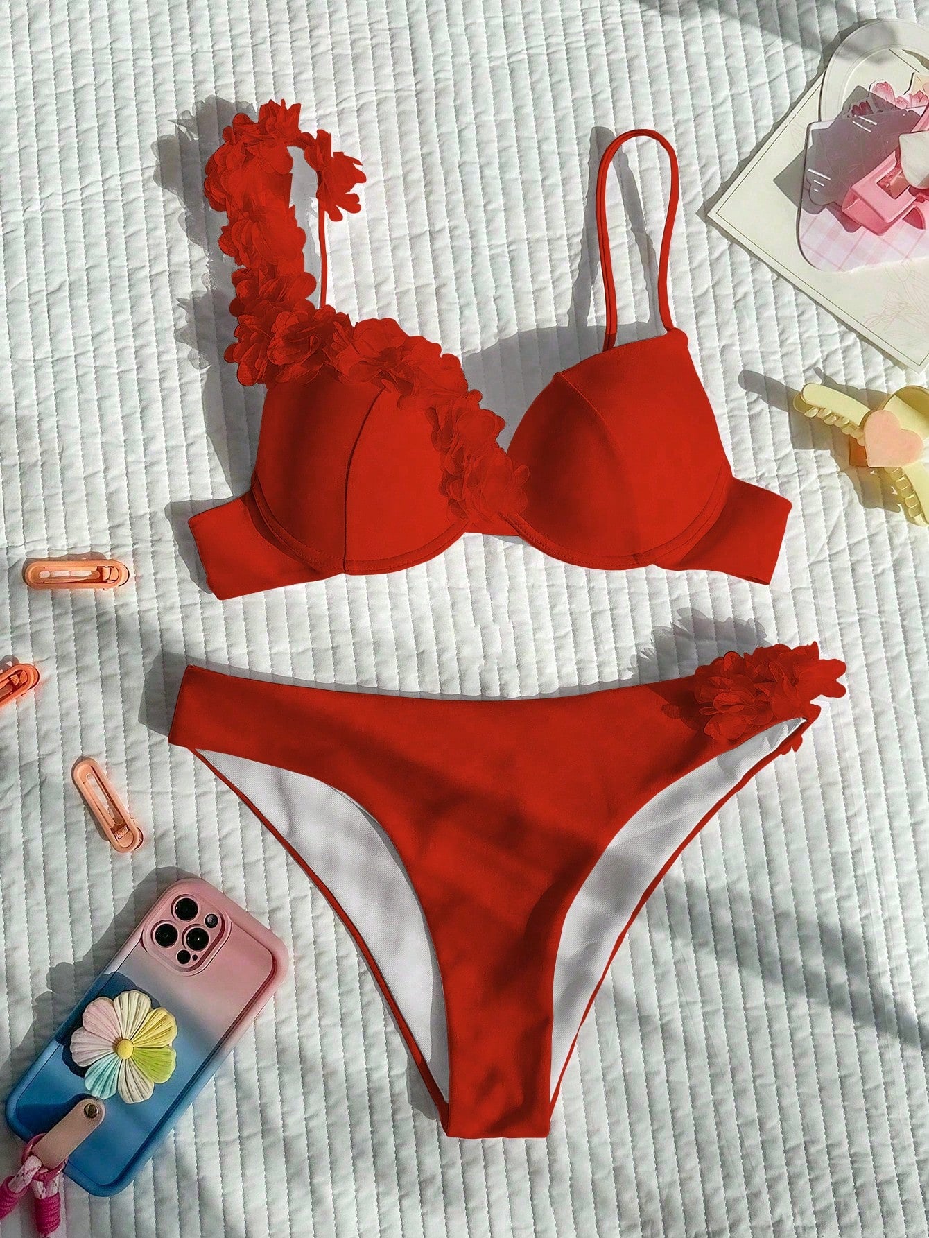 Bikini With Flower Appliqué And Asymmetric Strap
