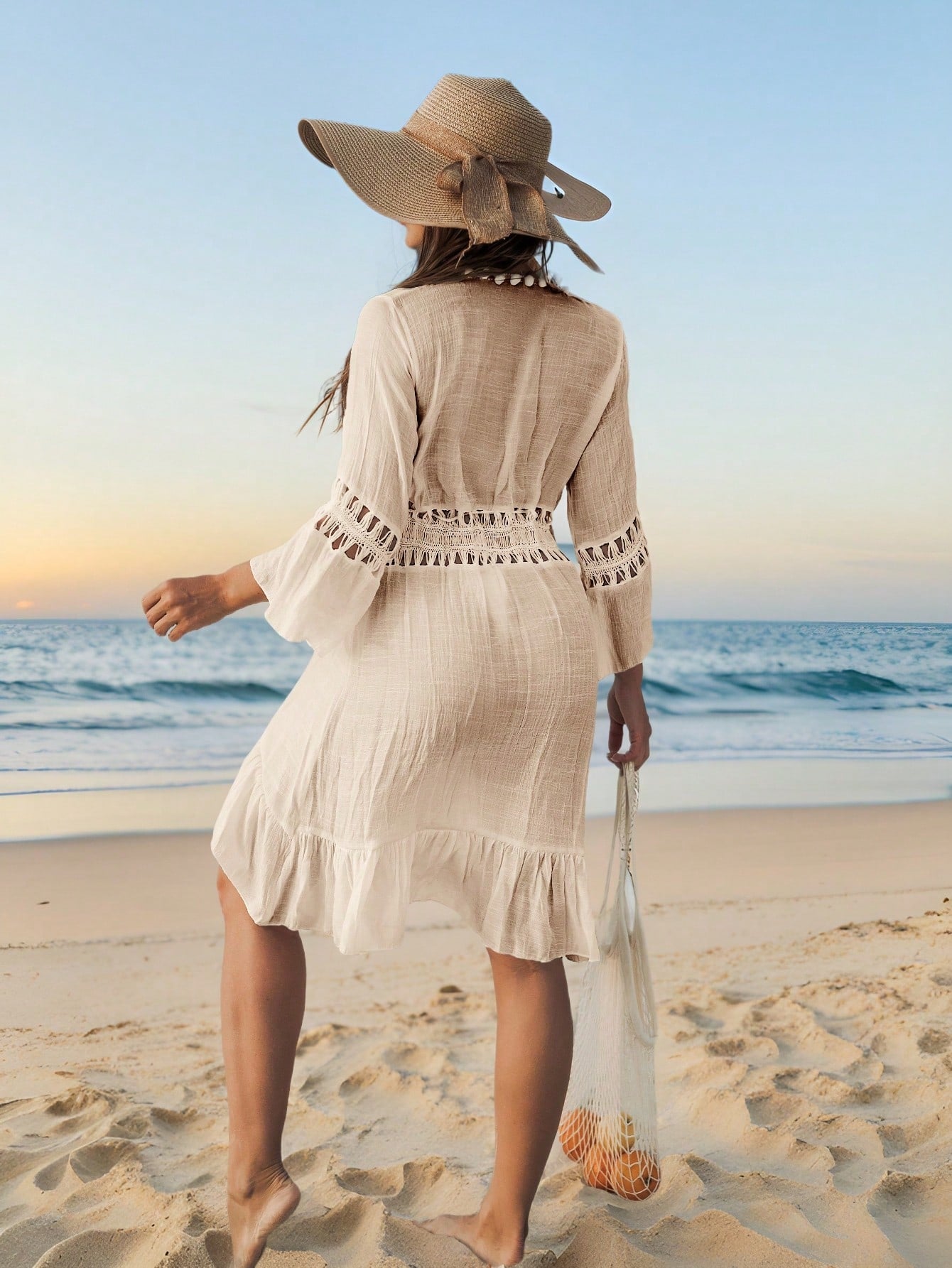 Long-Sleeve Cover-Up With Lace And Flowing Ruffle