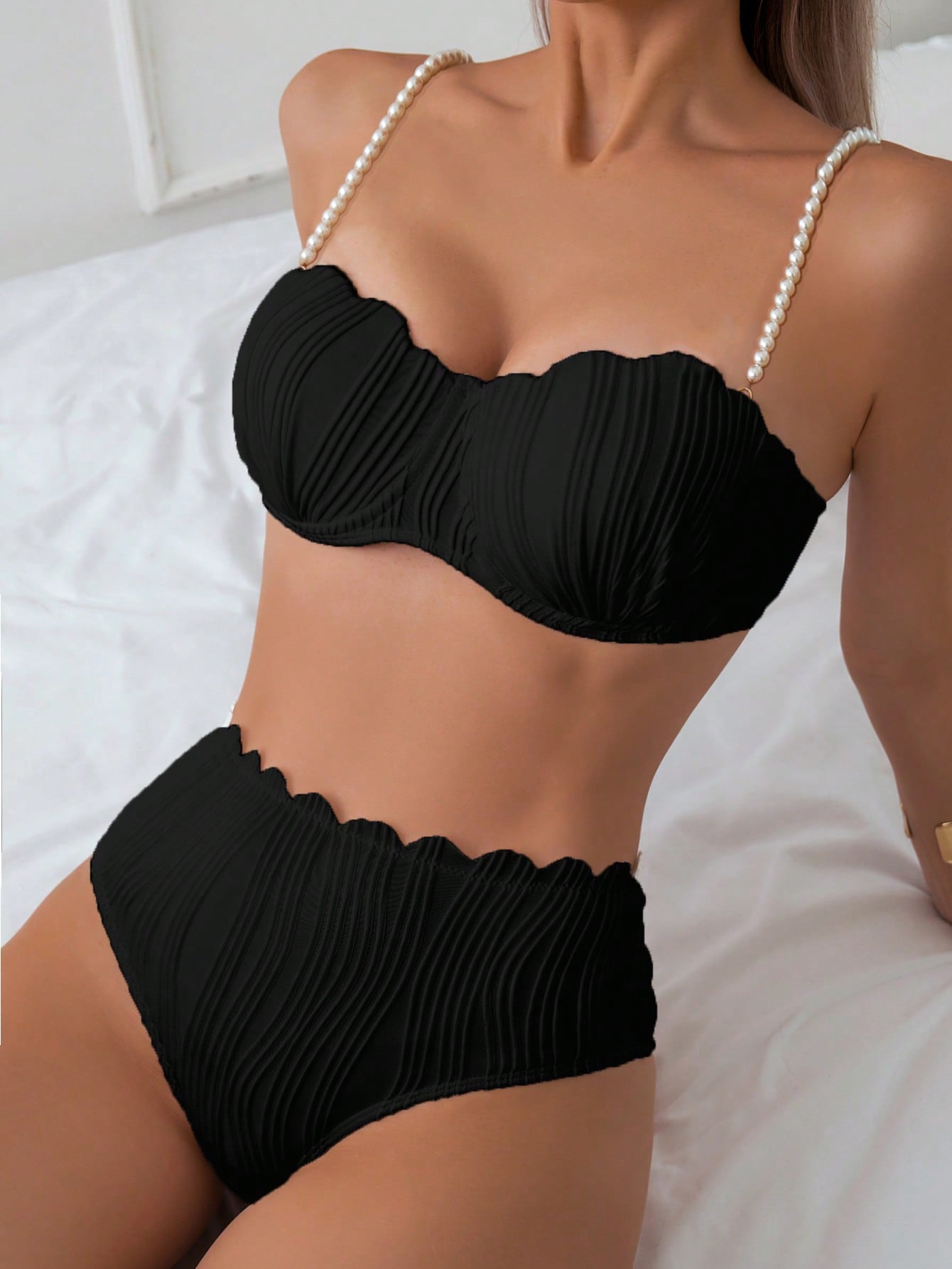 High-Waisted Textured Bikini With Pearl Strap