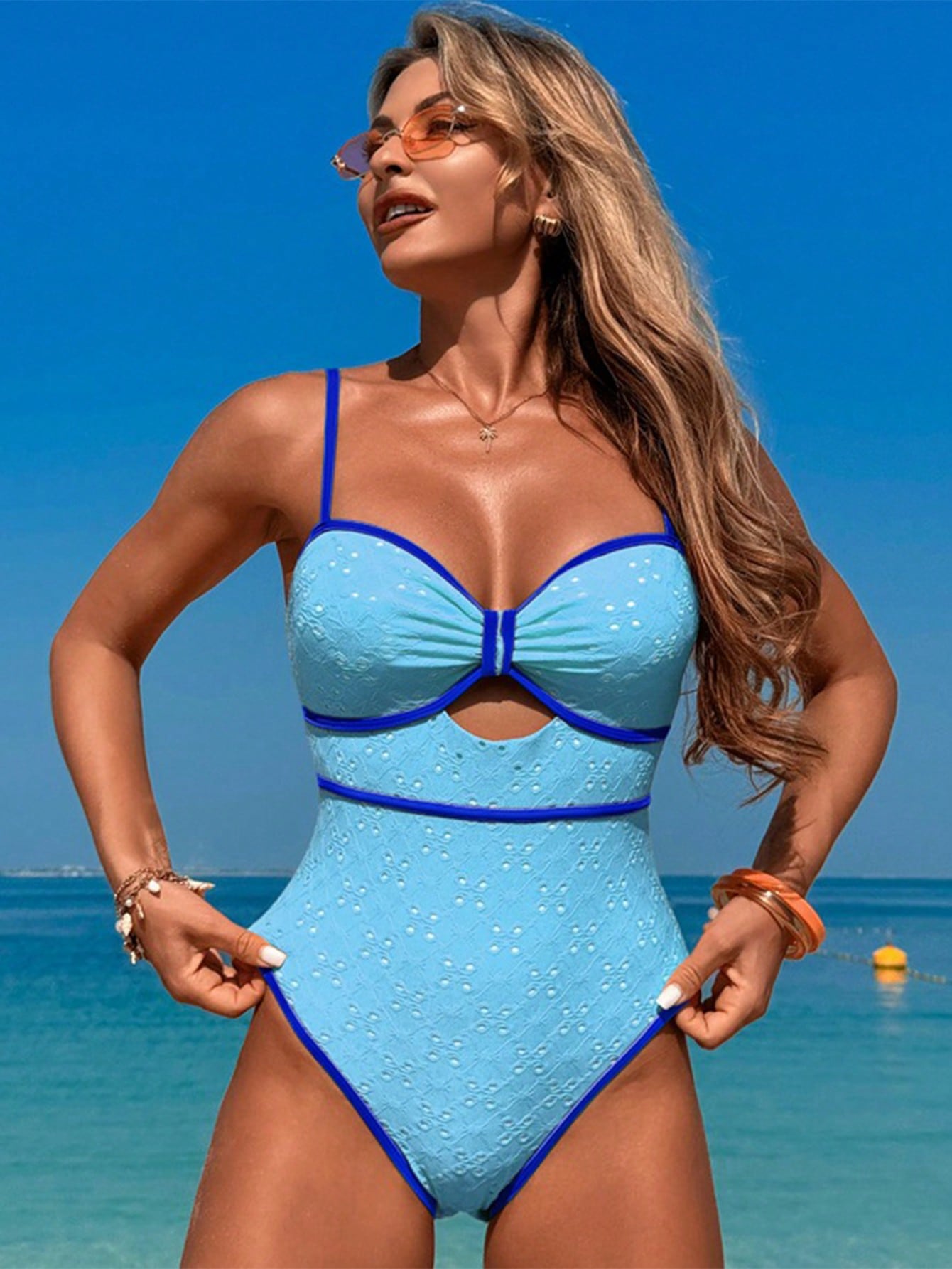 Textured Swimsuit With Front Cutout And Contrasting Details