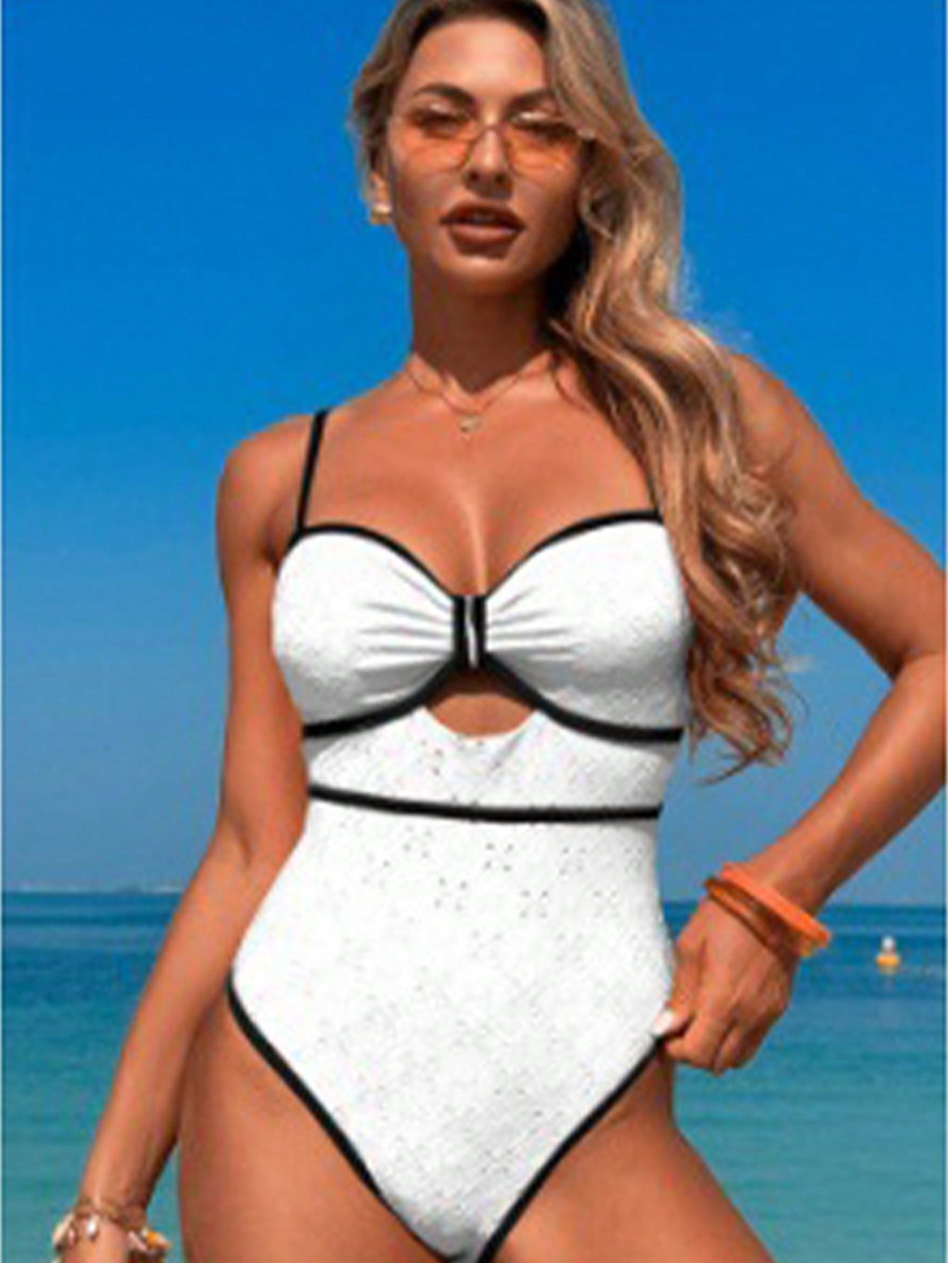 Textured Swimsuit With Front Cutout And Contrasting Details
