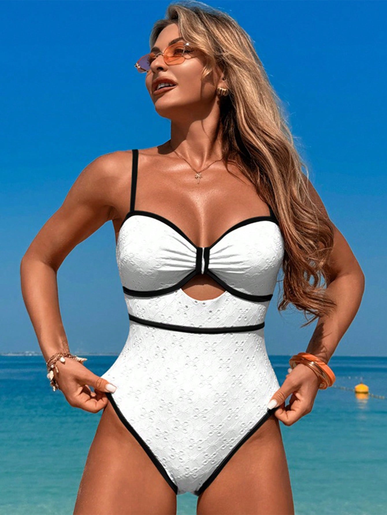 Textured Swimsuit With Front Cutout And Contrasting Details