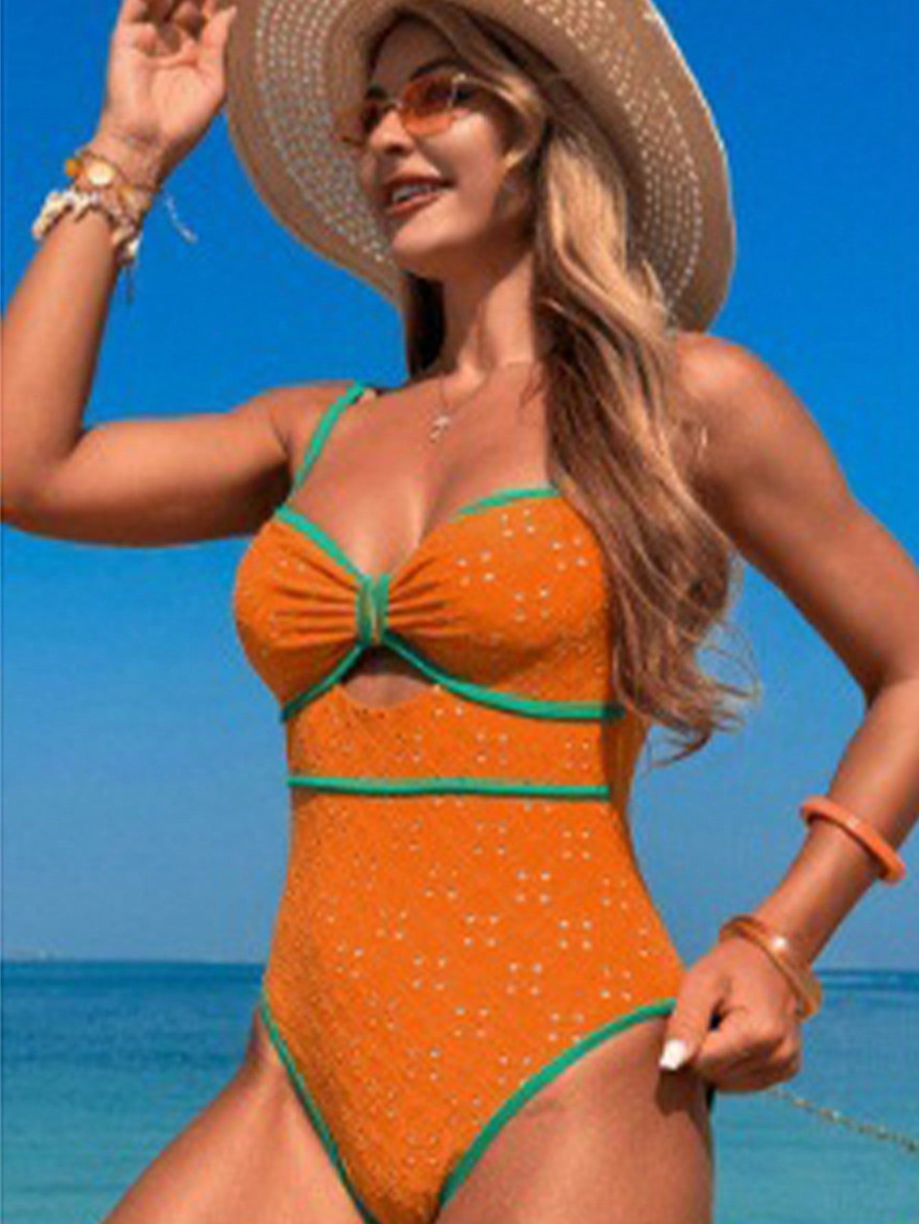 Textured Swimsuit With Front Cutout And Contrasting Details