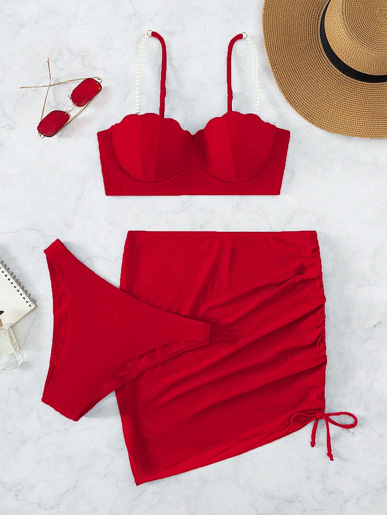 Structured Bikini And Solid Draped Skirt Set