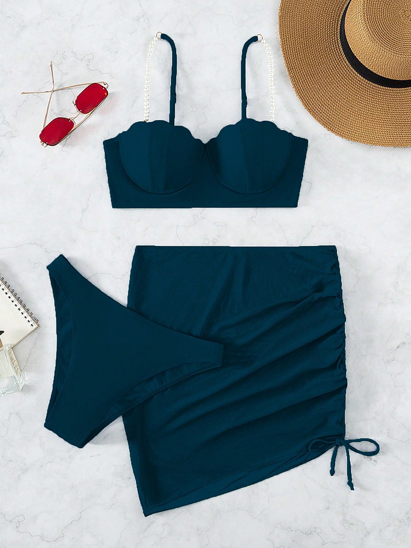 Structured Bikini And Solid Draped Skirt Set