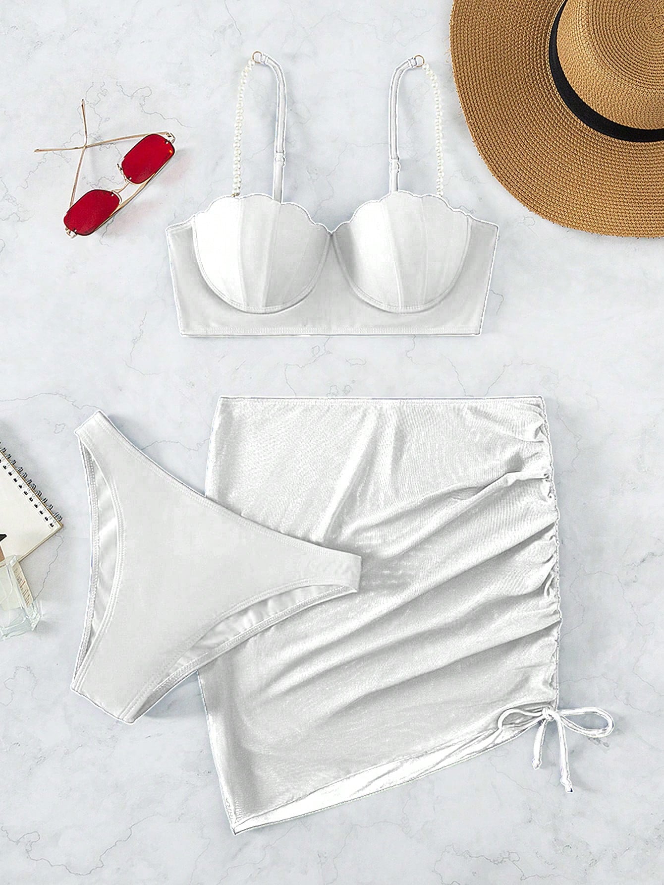 Structured Bikini And Solid Draped Skirt Set