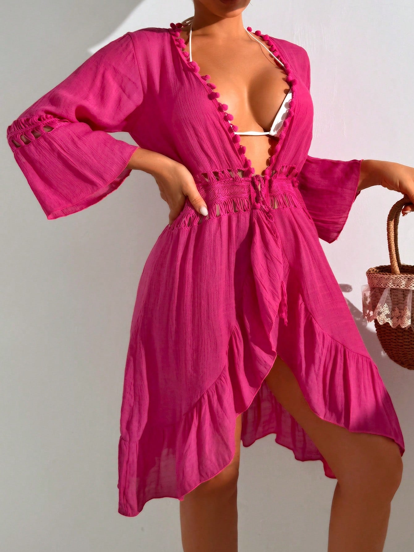 Long-Sleeve Cover-Up With Lace And Flowing Ruffle