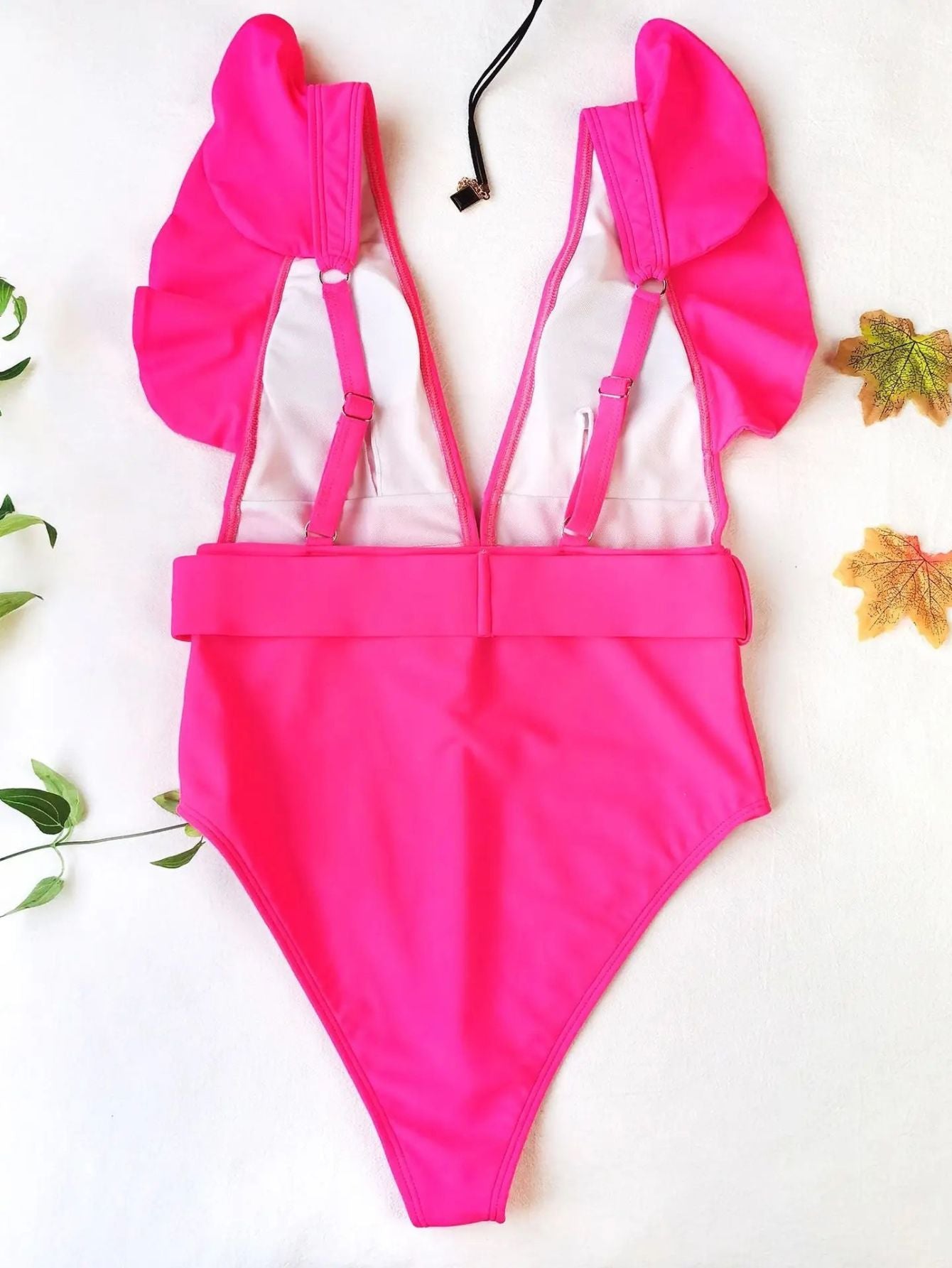 High-Cut Swimsuit With Ruffles V-Neckline And Front Buckle