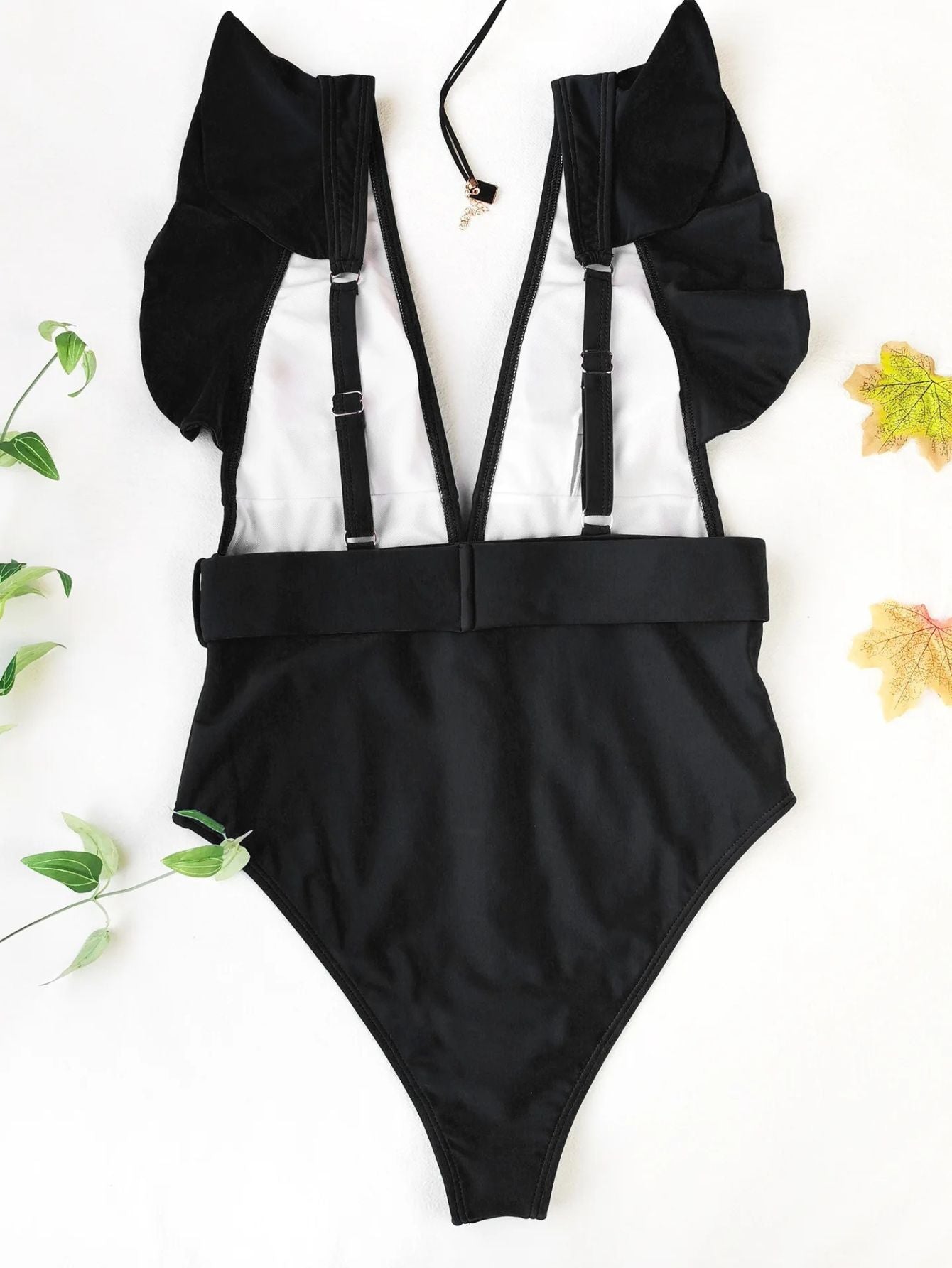 High-Cut Swimsuit With Ruffles V-Neckline And Front Buckle