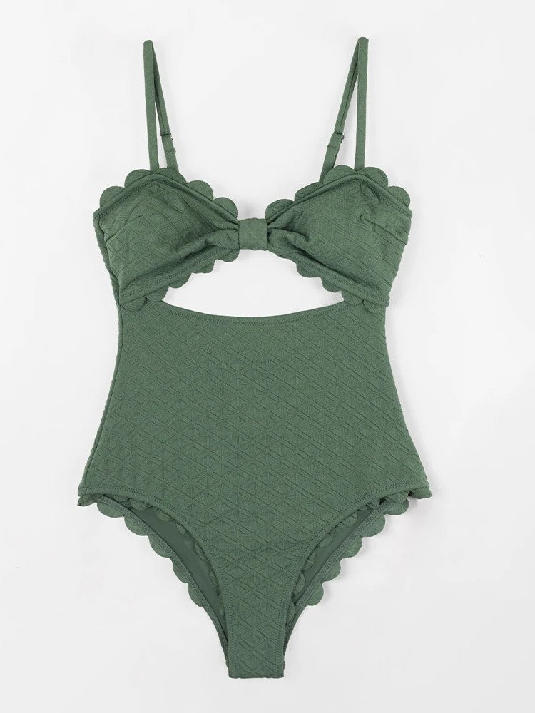 Textured Swimsuit With Cutout And Bow Detail