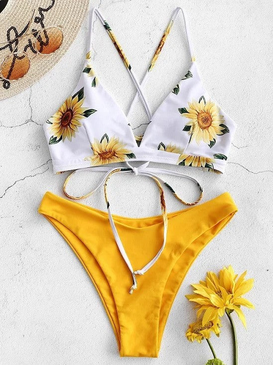 Bikini Set With Crossed Tie Top And Solid Bottom