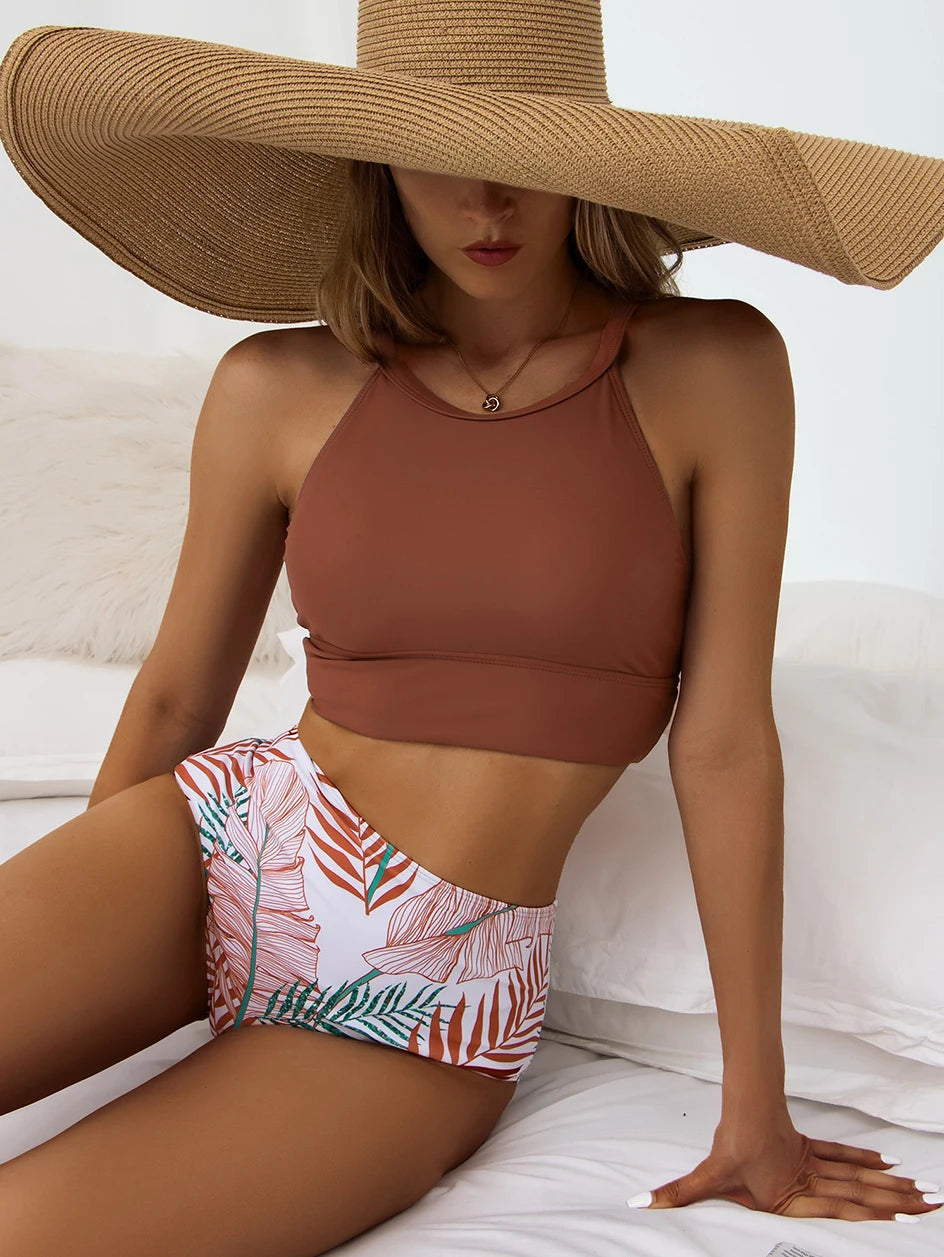 High-Waisted Printed Bikini With Solid Cropped Top