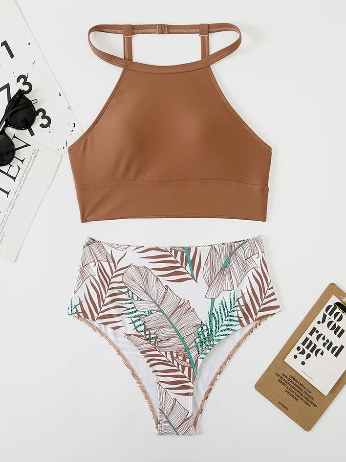 High-Waisted Printed Bikini With Solid Cropped Top