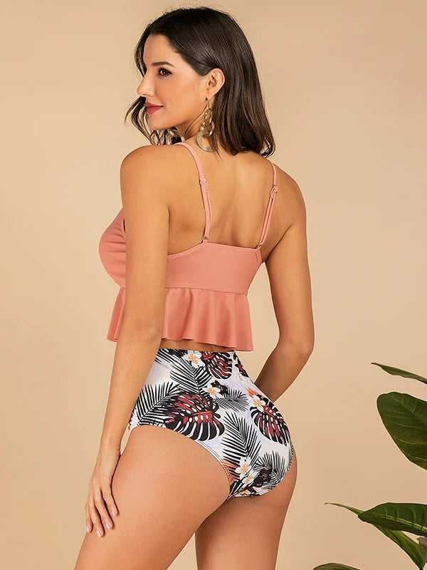 High-Waisted Printed Tankini With Bow And Ruffled Top