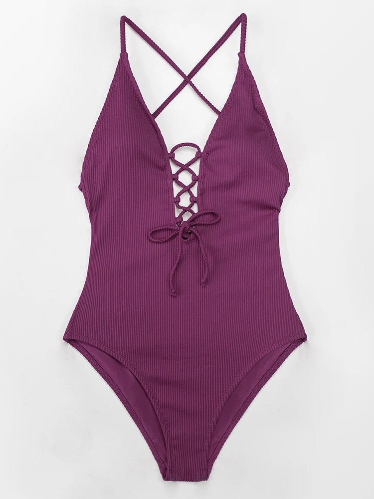 Textured Swimsuit With Deep V-Neckline And Front Tie