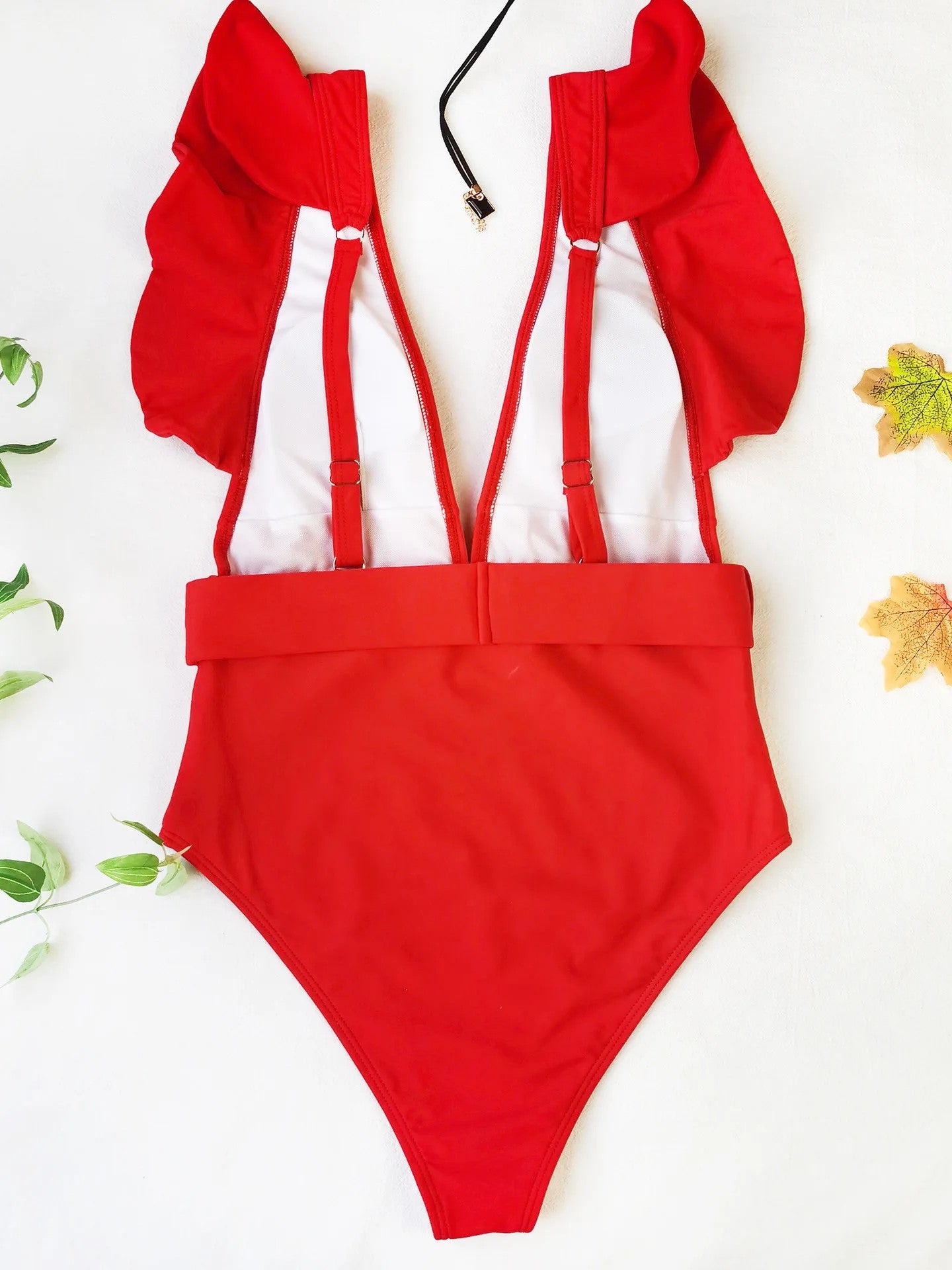 High-Cut Swimsuit With Ruffles V-Neckline And Front Buckle