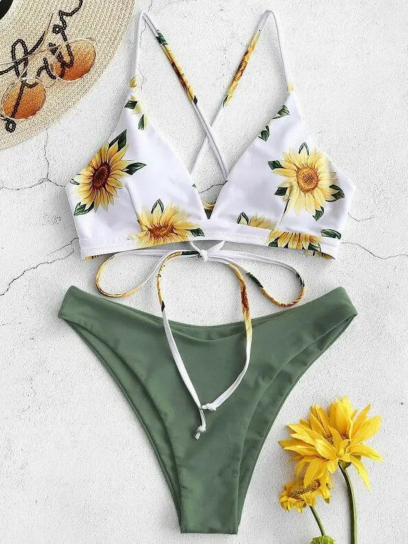 Bikini Set With Crossed Tie Top And Solid Bottom