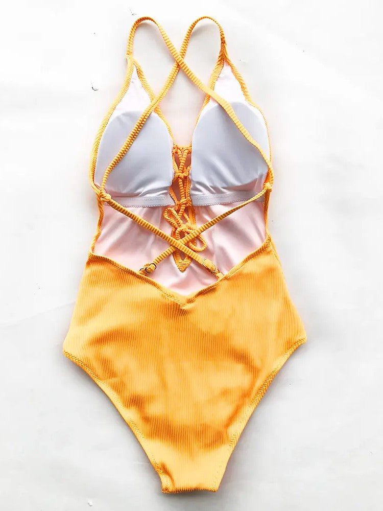 Textured Swimsuit With Deep V-Neckline And Front Tie