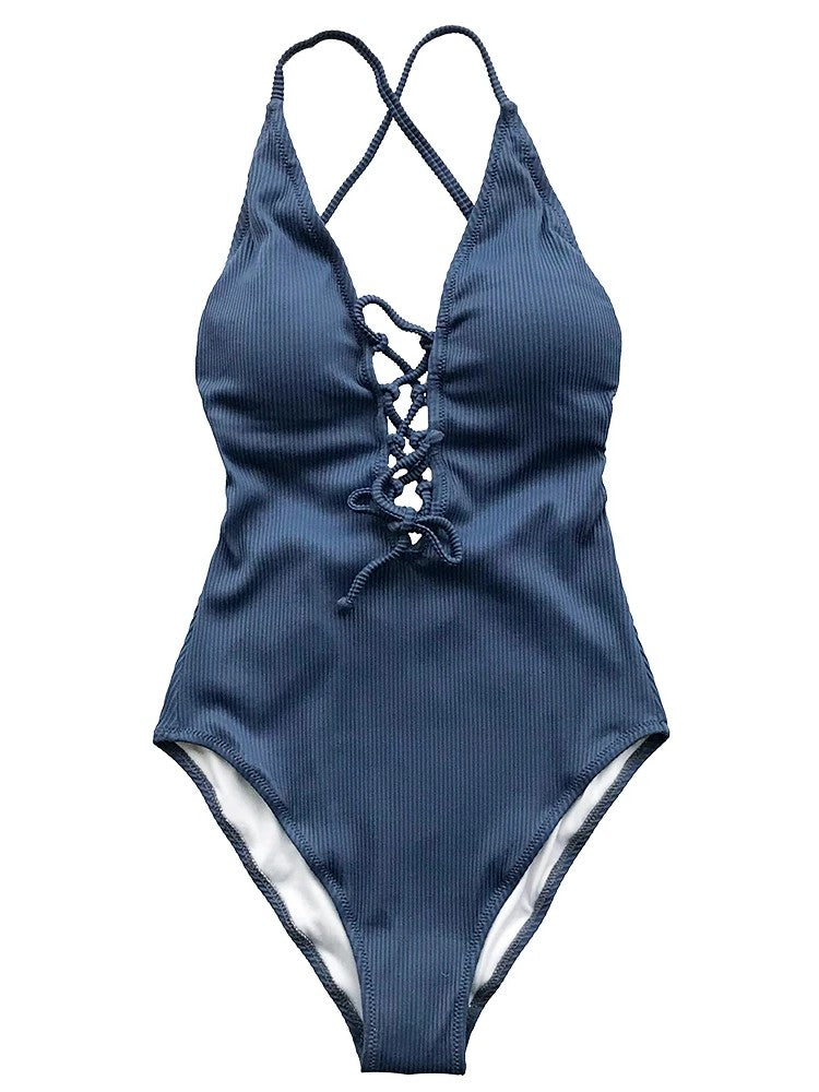 Textured Swimsuit With Deep V-Neckline And Front Tie