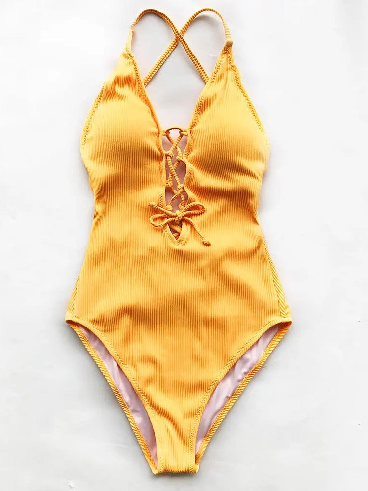 Textured Swimsuit With Deep V-Neckline And Front Tie