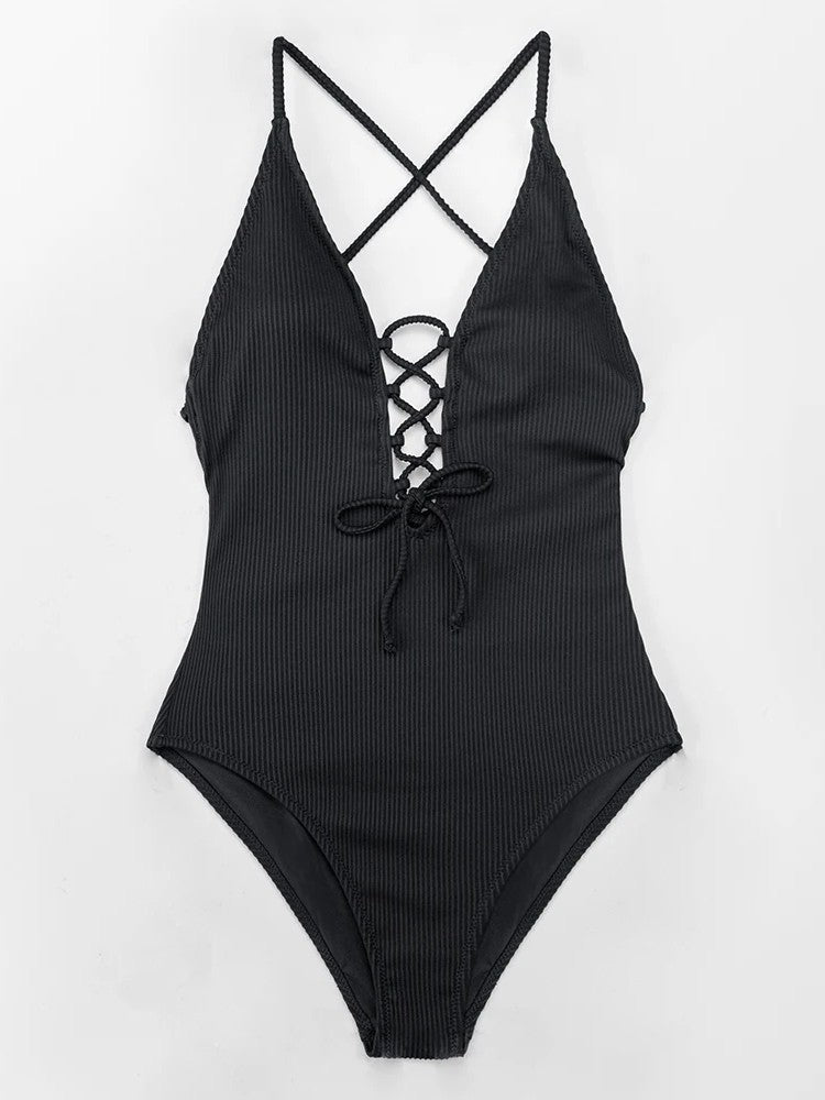 Textured Swimsuit With Deep V-Neckline And Front Tie