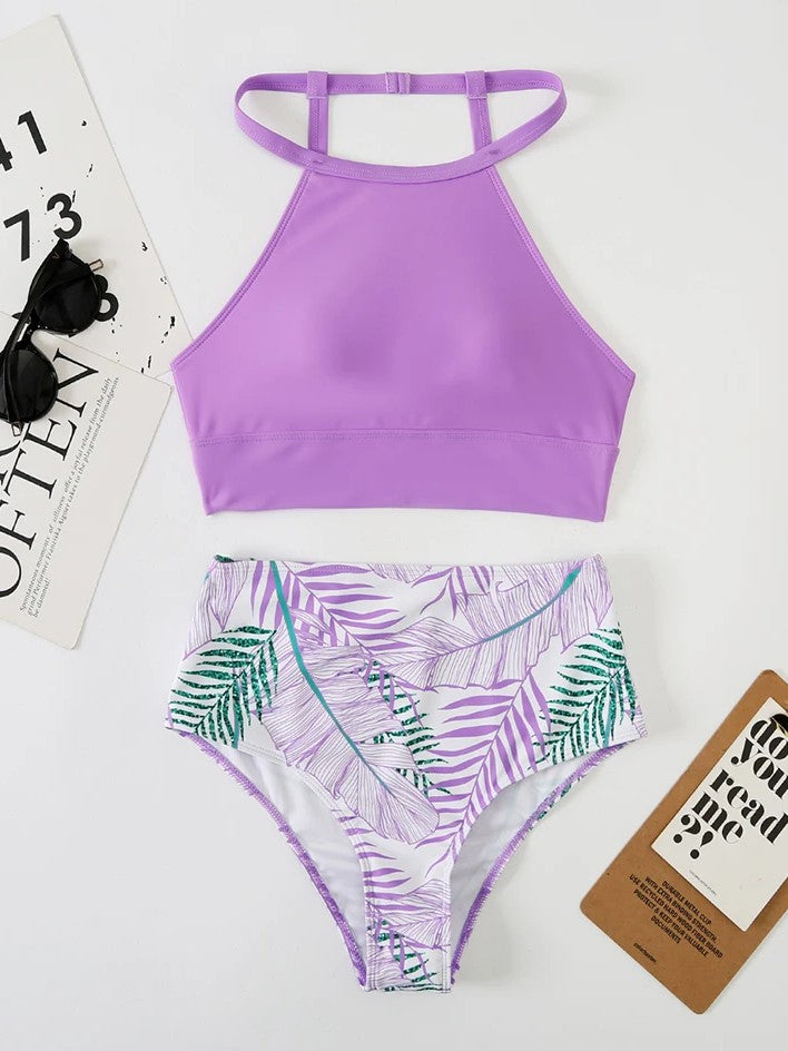 High-Waisted Printed Bikini With Solid Cropped Top