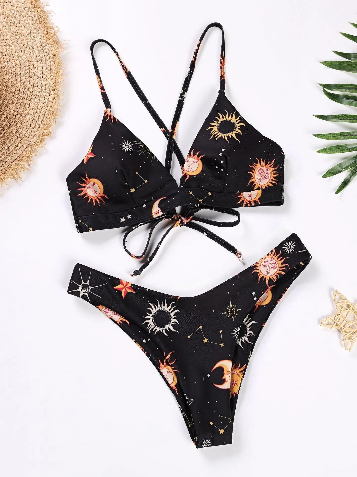 Bikini Set With Crossed Tie Top And Solid Bottom